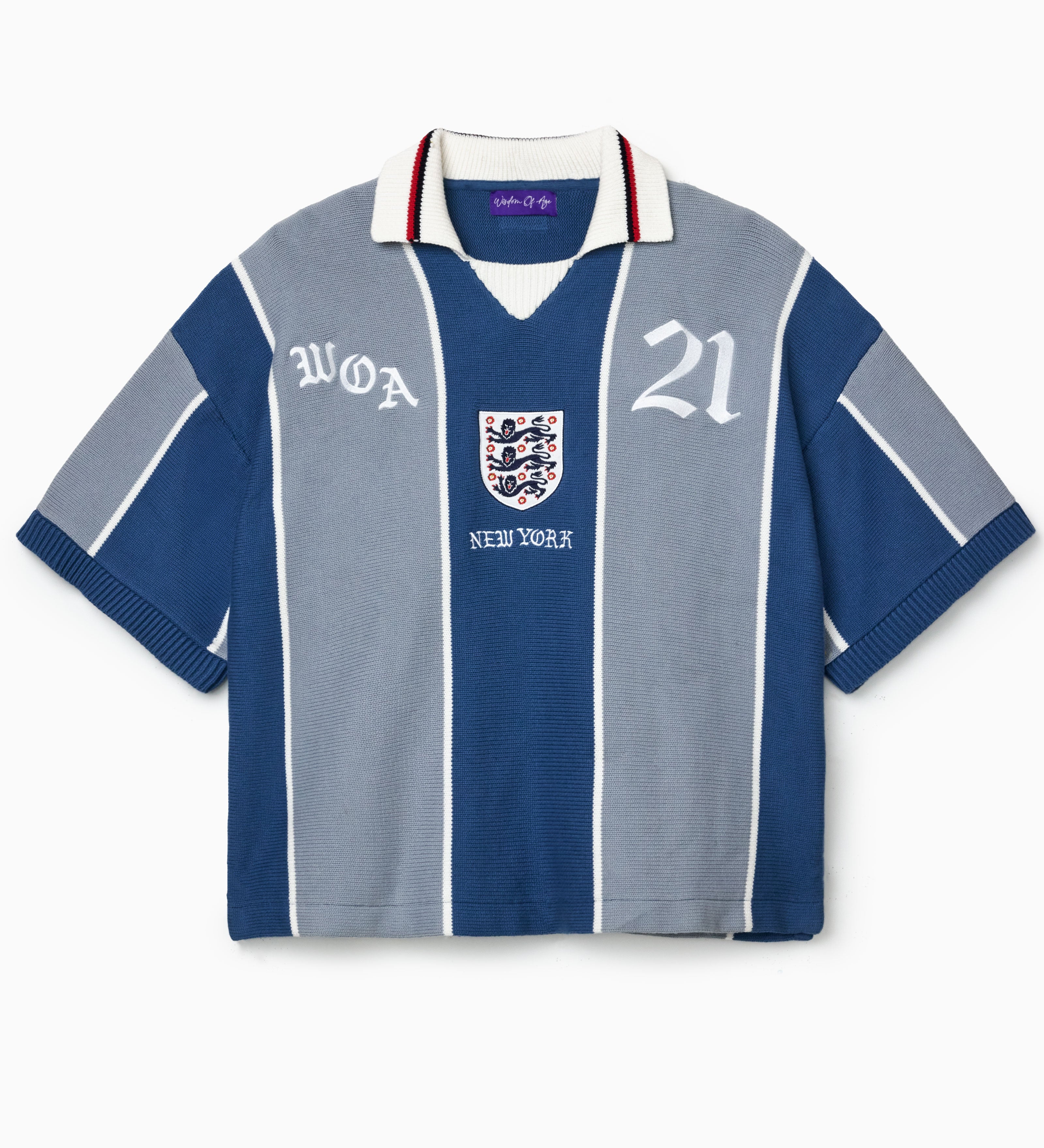 Wisdom Of Age Knit Soccer Jersey Grey Stripe. Blue and gray striped shirt with 'WOA' and number '21' on a white background