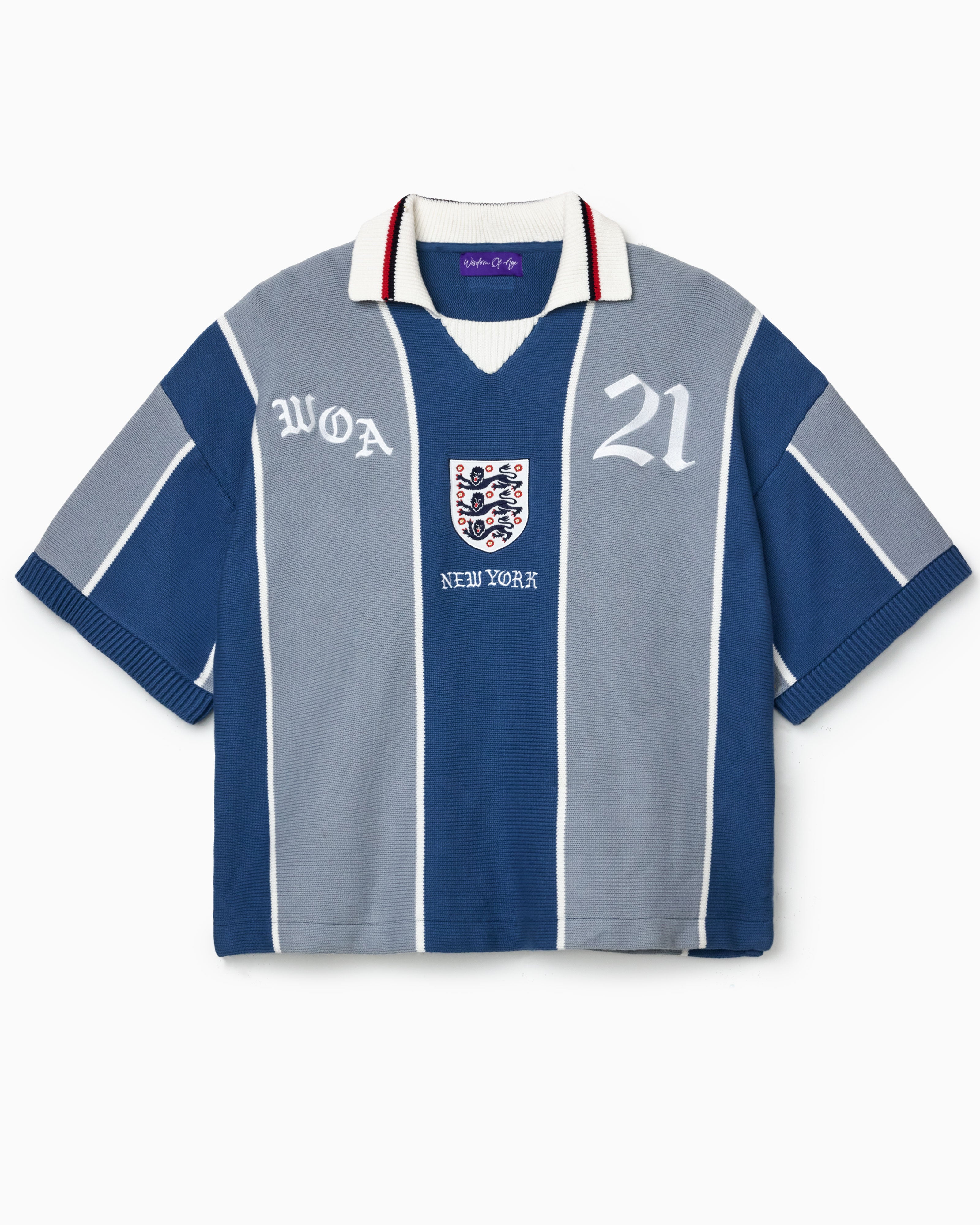 Wisdom Of Age Knit Soccer Jersey Grey Stripe. Blue and gray striped shirt with 'WOA' and number '21' on a white background