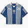 Wisdom Of Age Knit Soccer Jersey Grey Stripe. Blue and gray striped shirt with 'WOA' and number '21' on a white background