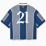 Rear Of the Wisdom Of Age Knit Soccer Jersey Grey Stripe. Blue and grey striped knitted soccer jersey with the number 21 embroidered on the back.