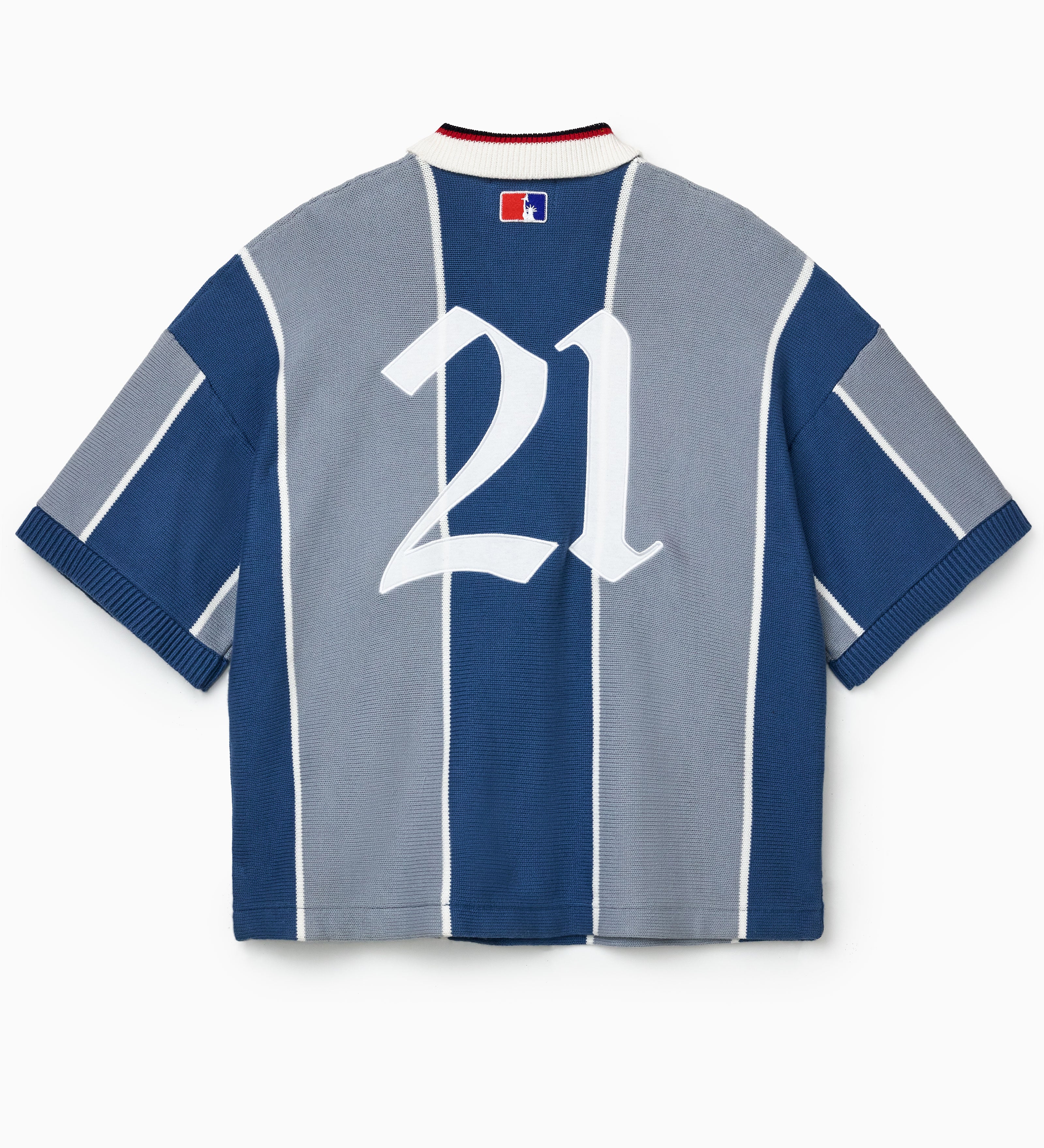 Rear Of the Wisdom Of Age Knit Soccer Jersey Grey Stripe. Blue and grey striped knitted soccer jersey with the number 21 embroidered on the back.