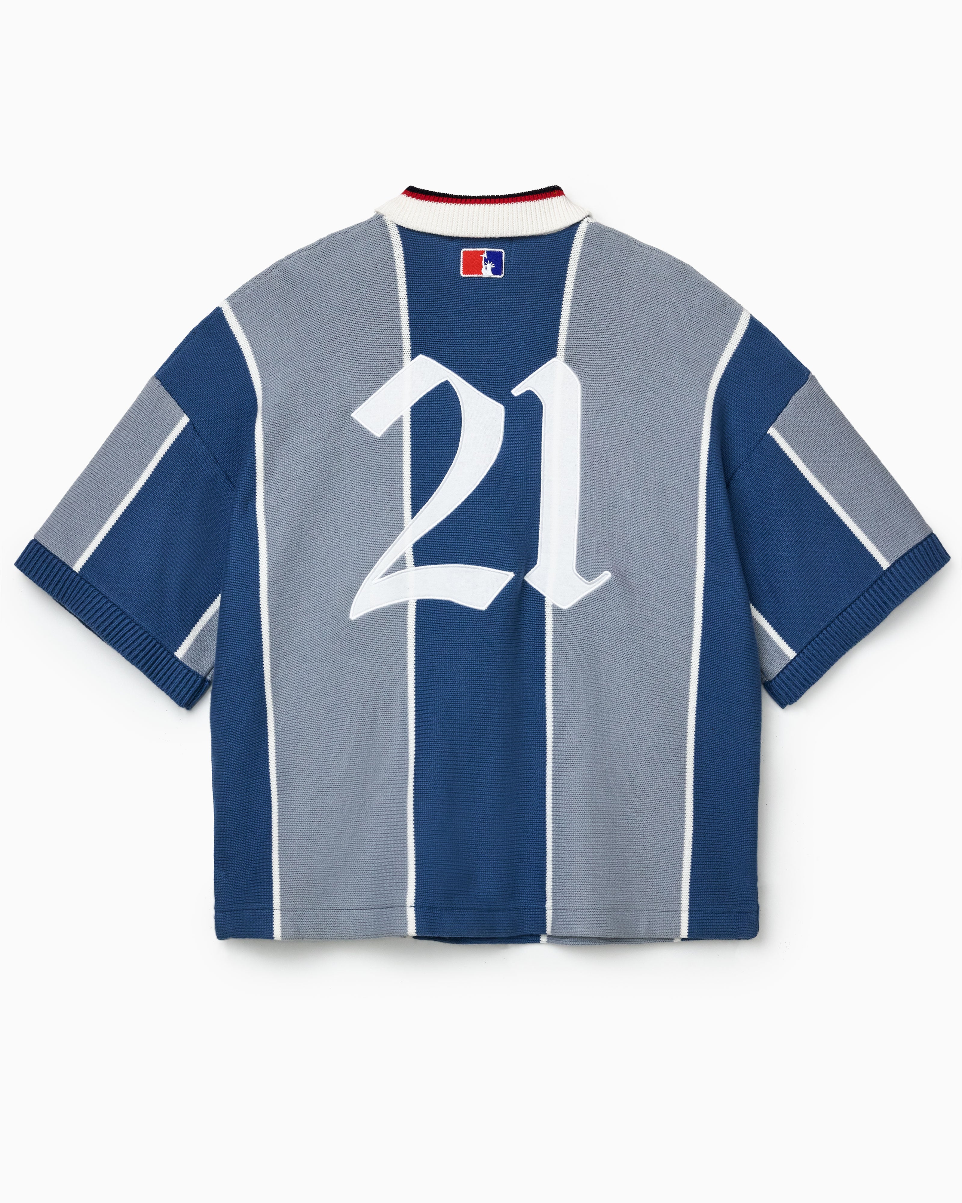 Rear Of the Wisdom Of Age Knit Soccer Jersey Grey Stripe. Blue and grey striped knitted soccer jersey with the number 21 embroidered on the back.