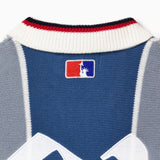 Close up on the collar of the Wisdom Of age knitted soccer jersey grey stripe