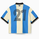 Wisdom Of Age Knit Soccer Jersey Celeste. Striped Knitted Soccer Jersey with number 21 on a white background