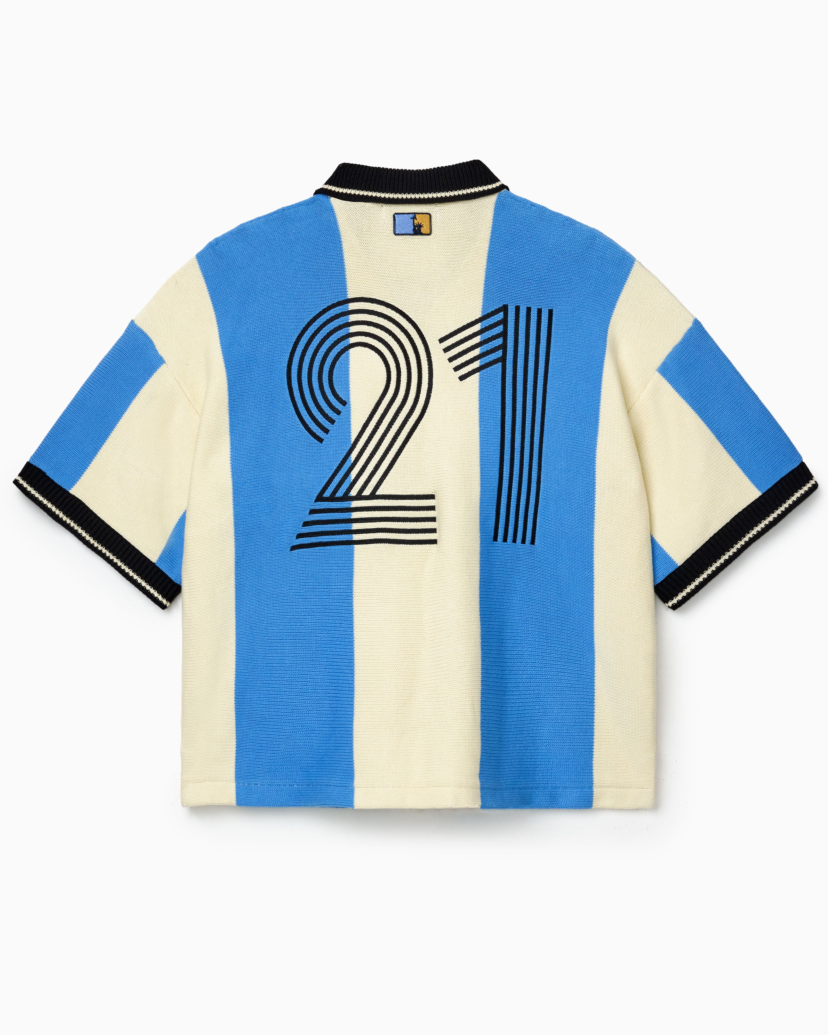 Wisdom Of Age Knit Soccer Jersey Celeste. Striped Knitted Soccer Jersey with number 21 on a white background