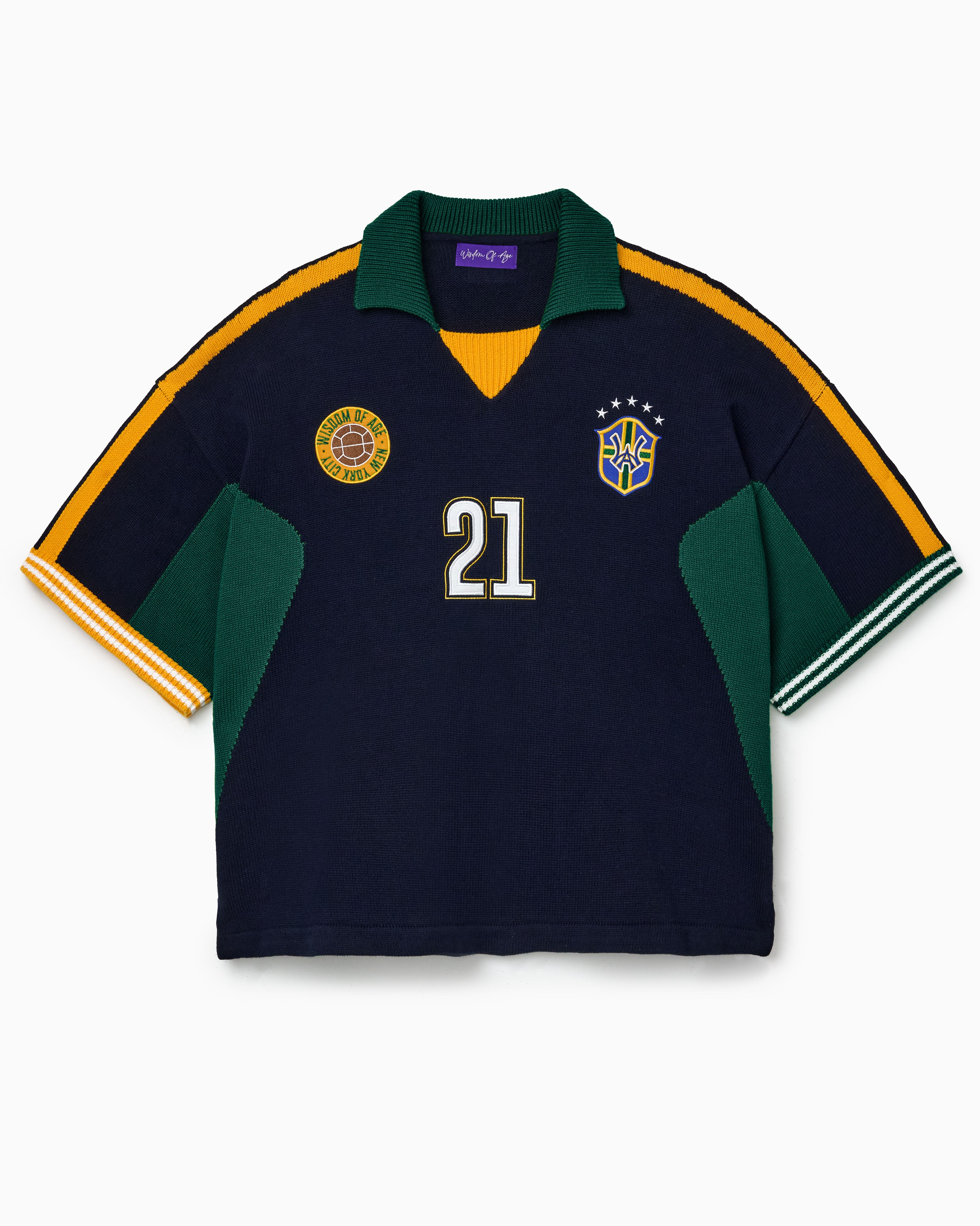 Wisdom Of Age Knit Soccer Jersey Rio. Black Knitted Soccer jersey with yellow accents and a logo on a white background