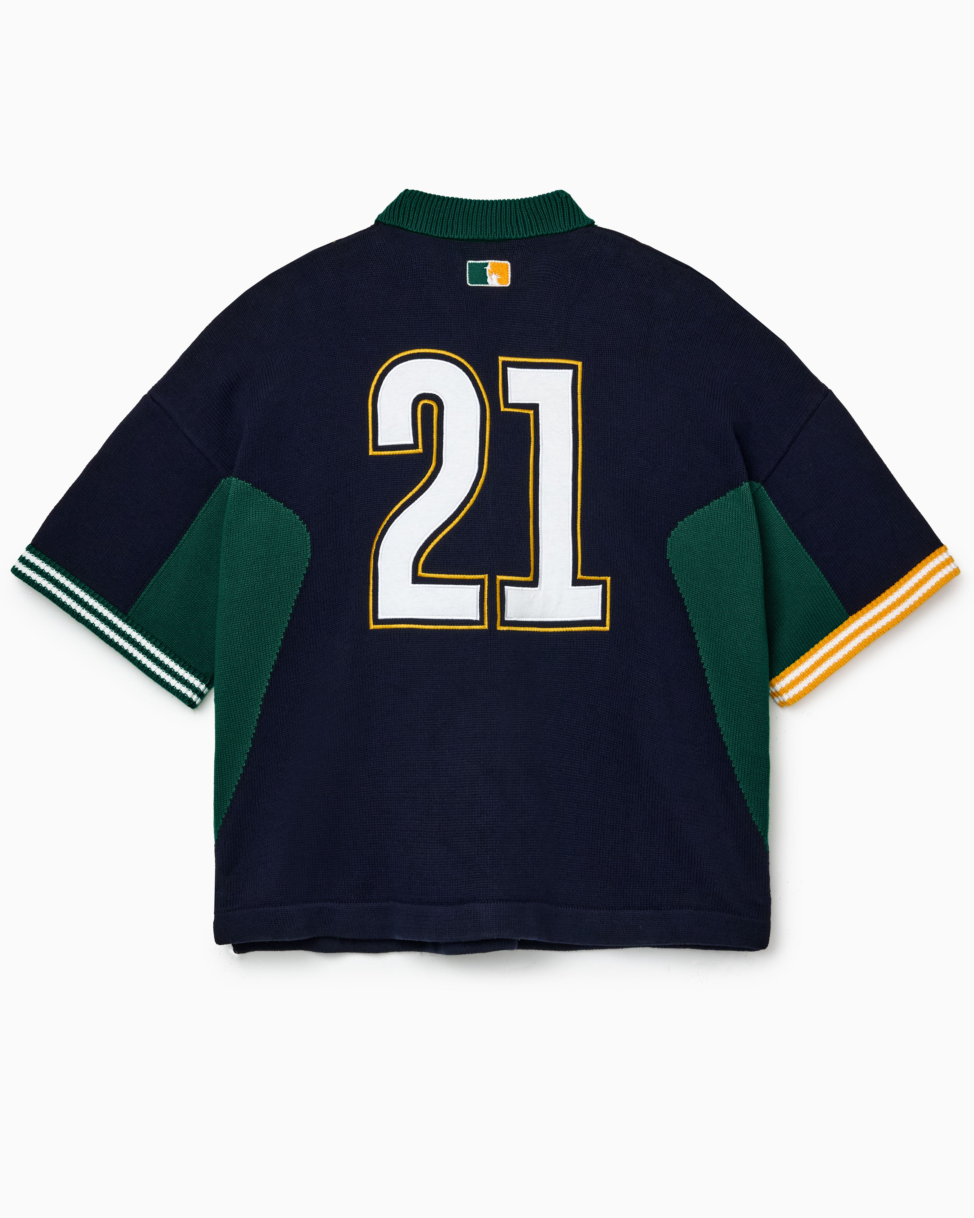 rear of the Wisdom Of Age Knit Soccer Jersey Rio. Black Knitted Soccer jersey with yellow accents and a 21 on a white background