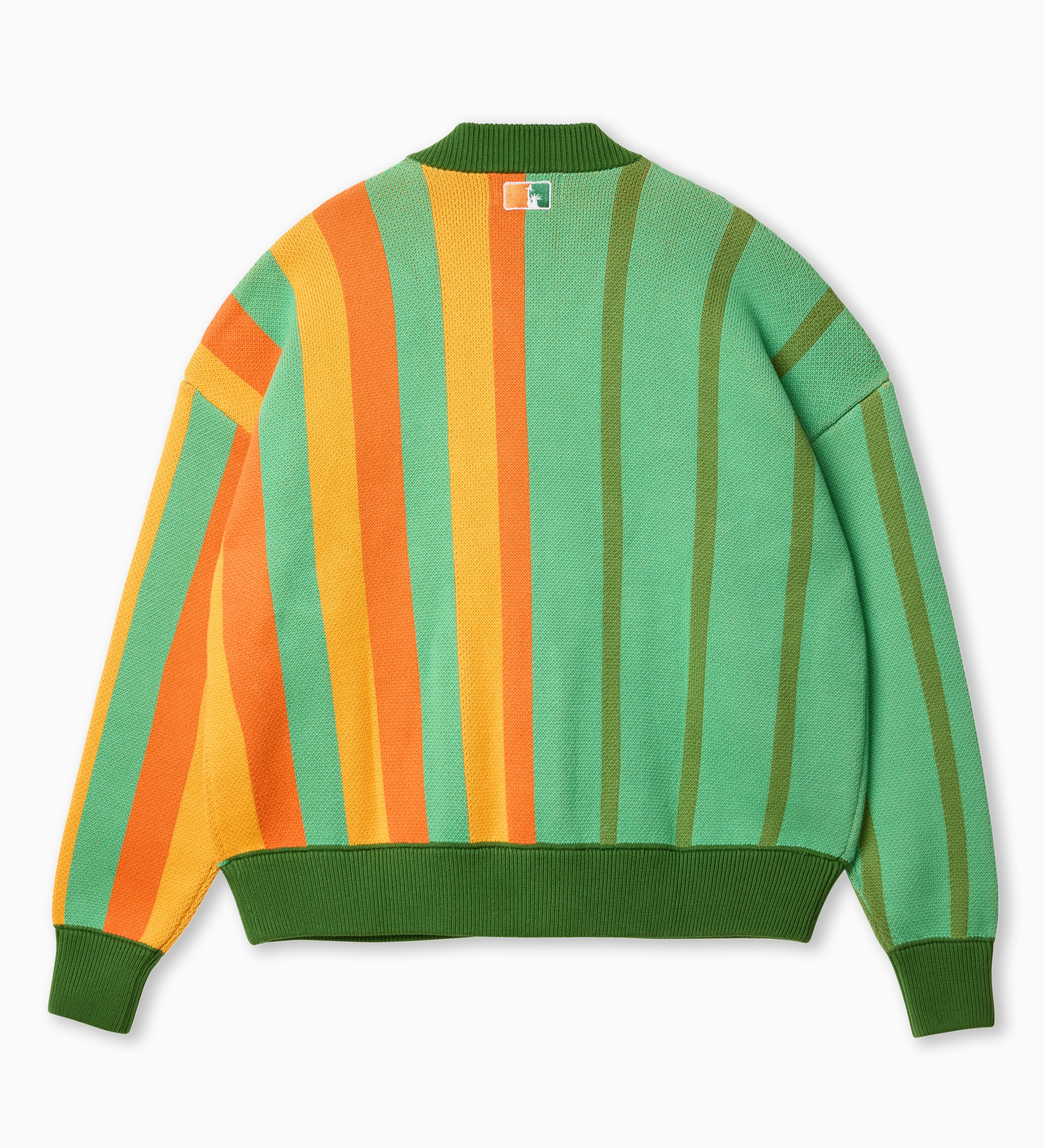 Back of Wisdom of Age Green & Orange City Cardigan. The symmetrical split continues on the the back.