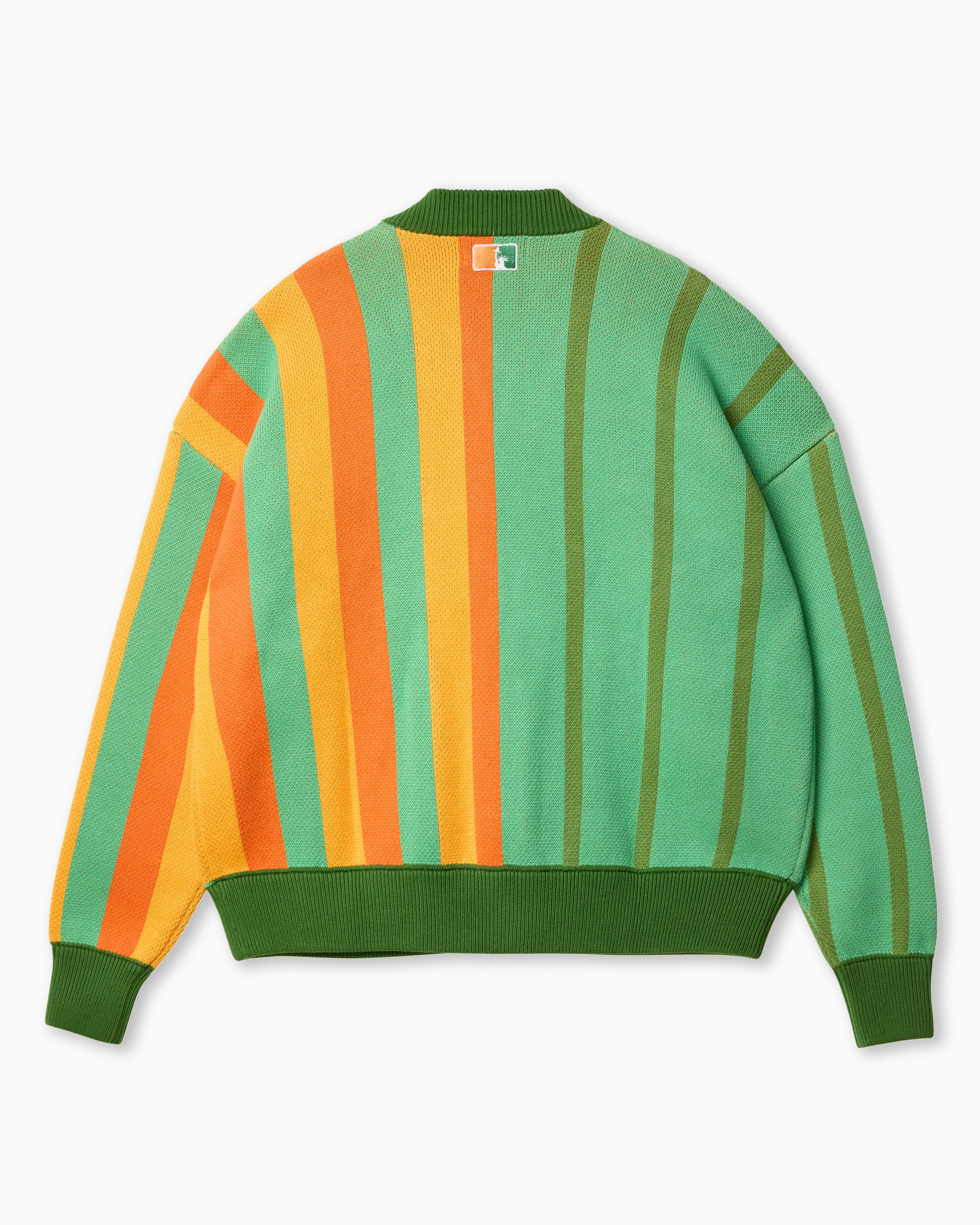 Back of Wisdom of Age Green & Orange City Cardigan. The symmetrical split continues on the the back.