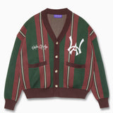 Wisdom of Age Beef & Broccoli Striped City Cardigan. Color blend of evergreen forest and bordeaux wine with the WOA symbol on the left chest and the brand name “Wisdom of Age” written in script cursive on the right chest. Two drop-in slip pockets on both sides and a 4 button placket with a v-neck drop.