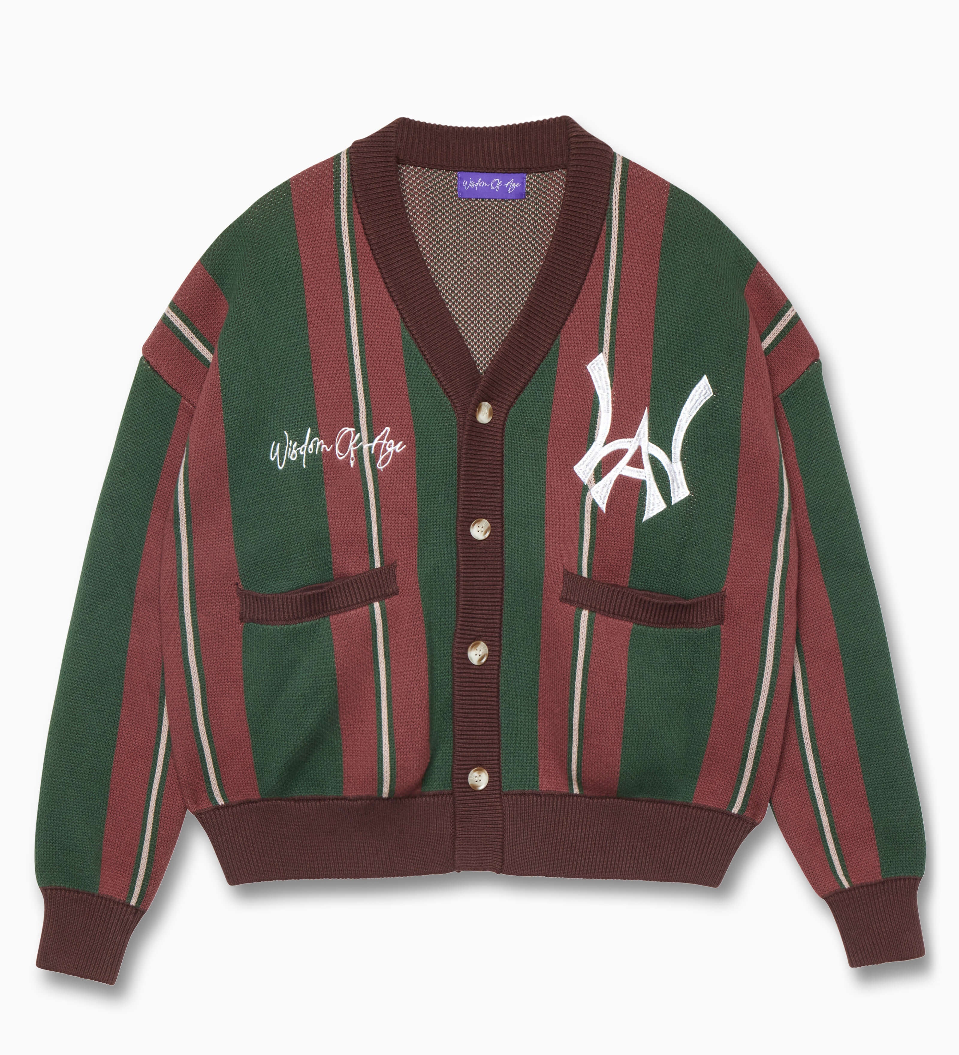 Wisdom of Age Beef & Broccoli Striped City Cardigan. Color blend of evergreen forest and bordeaux wine with the WOA symbol on the left chest and the brand name “Wisdom of Age” written in script cursive on the right chest. Two drop-in slip pockets on both sides and a 4 button placket with a v-neck drop.