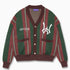 Wisdom of Age Beef & Broccoli Striped City Cardigan. Color blend of evergreen forest and bordeaux wine with the WOA symbol on the left chest and the brand name “Wisdom of Age” written in script cursive on the right chest. Two drop-in slip pockets on both sides and a 4 button placket with a v-neck drop.
