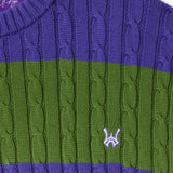 Close-up of a purple and green cable knit T-Shirt with WA logo on a white background.