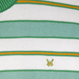 Close-up of a striped sweater with the WA logo in yellow on a white background