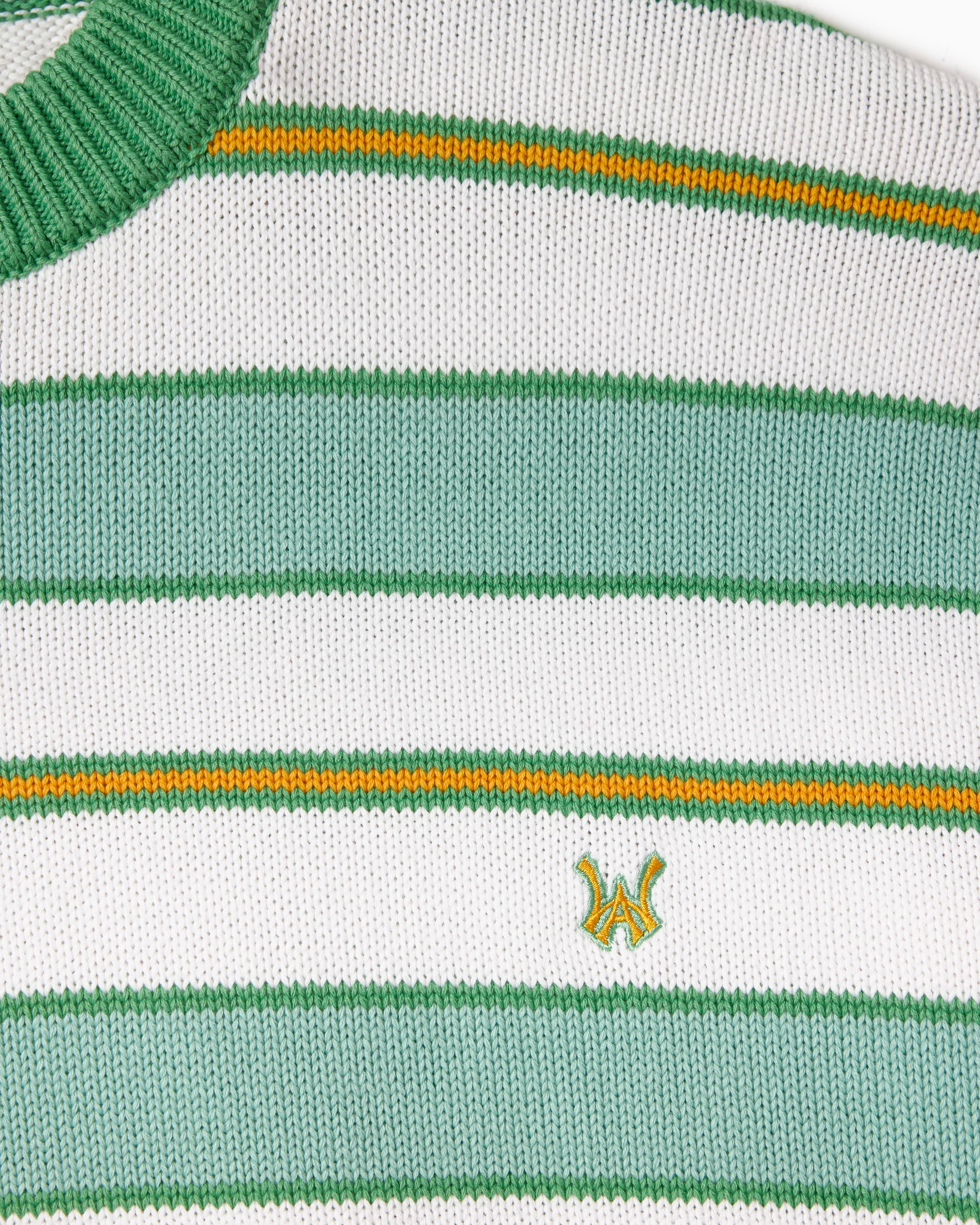 Close-up of a striped sweater with the WA logo in yellow on a white background