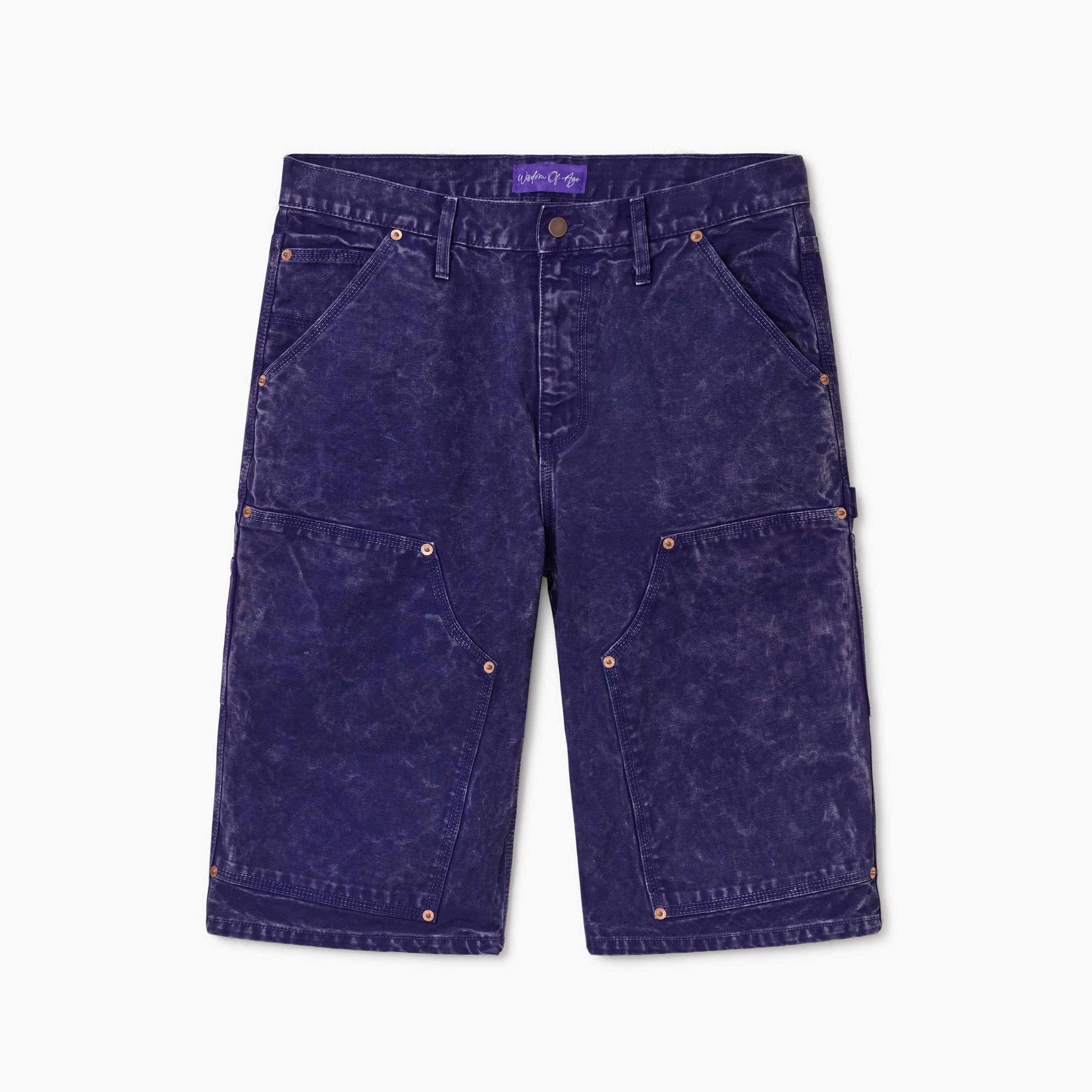 WOA Canvas Carpenter Shorts in Purple with WOA brand label on a white background