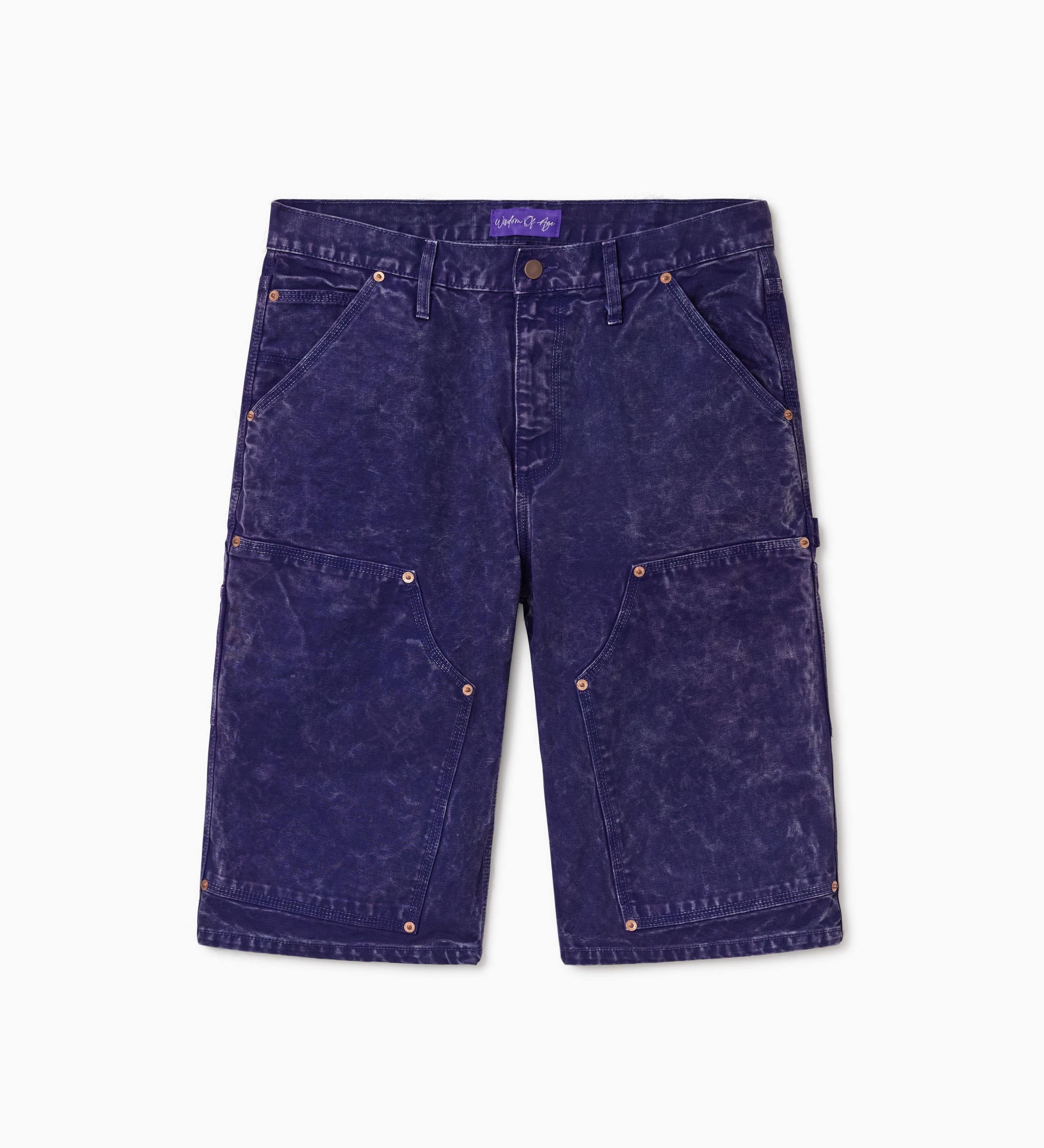 WOA Canvas Carpenter Shorts in Purple with WOA brand label on a white background