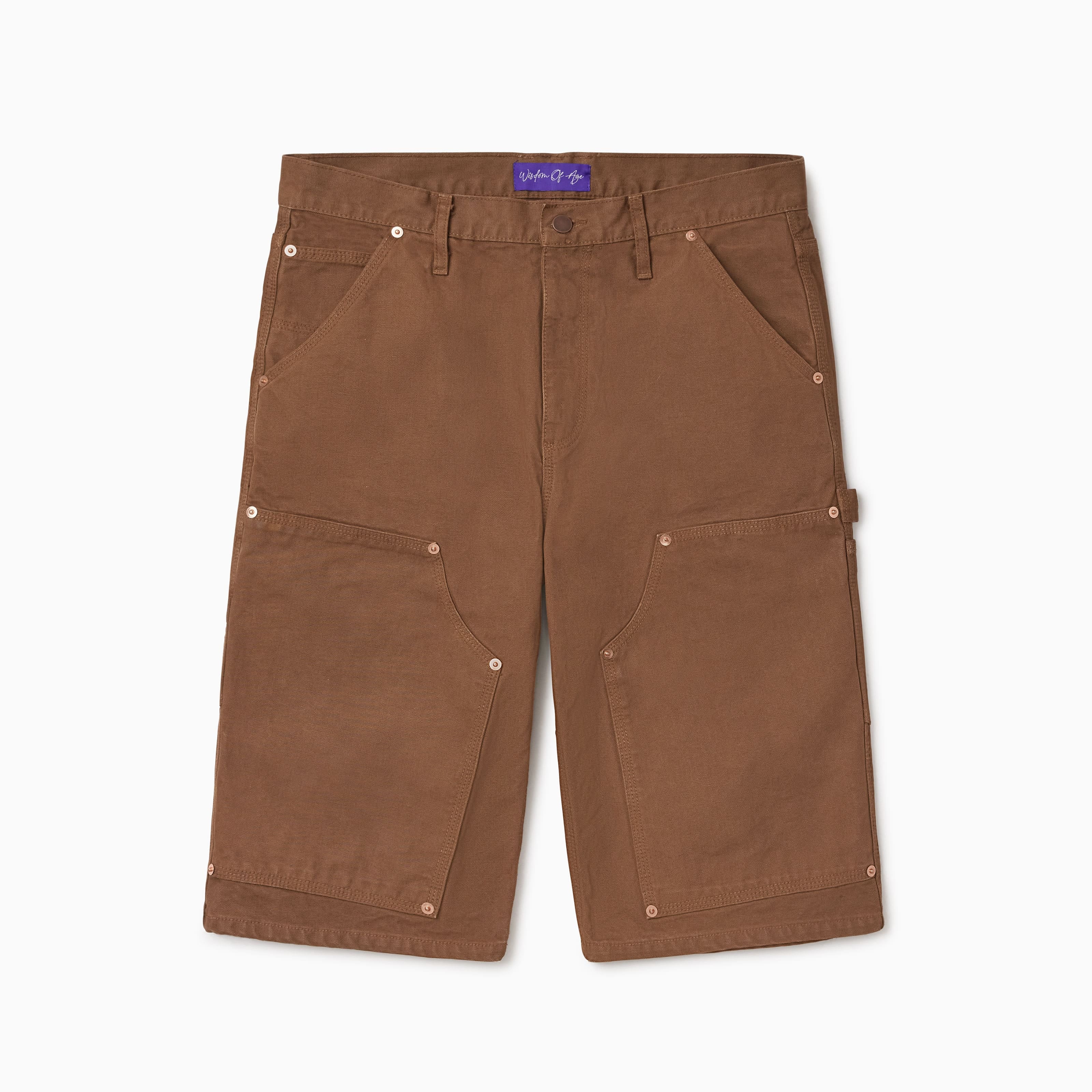 WOA Canvas Carpenter Shorts in Brick with WOA brand label on a white background