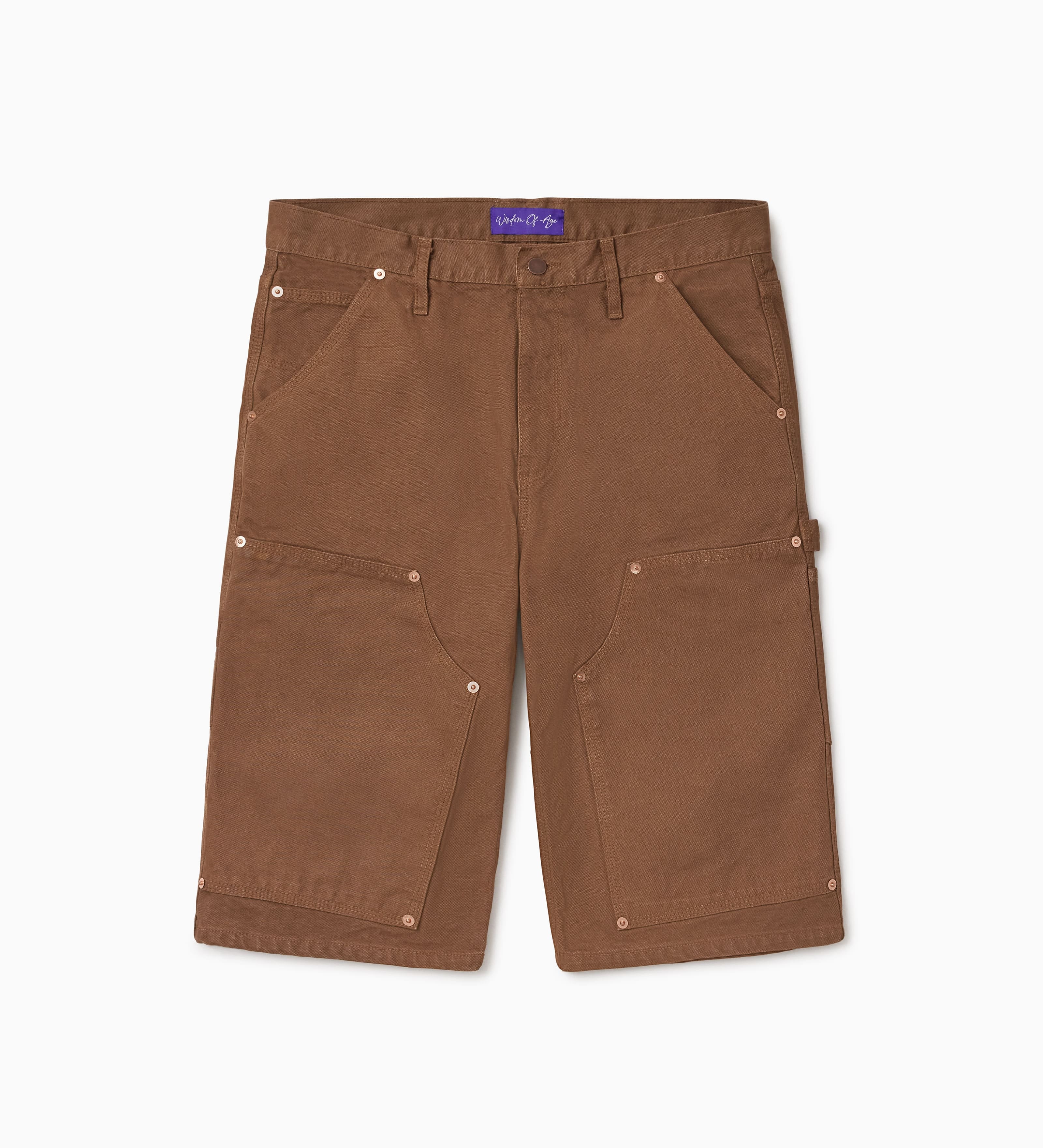 WOA Canvas Carpenter Shorts in Brick with WOA brand label on a white background