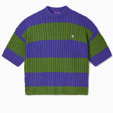 Green and purple striped cable knit t-shirt on a white background