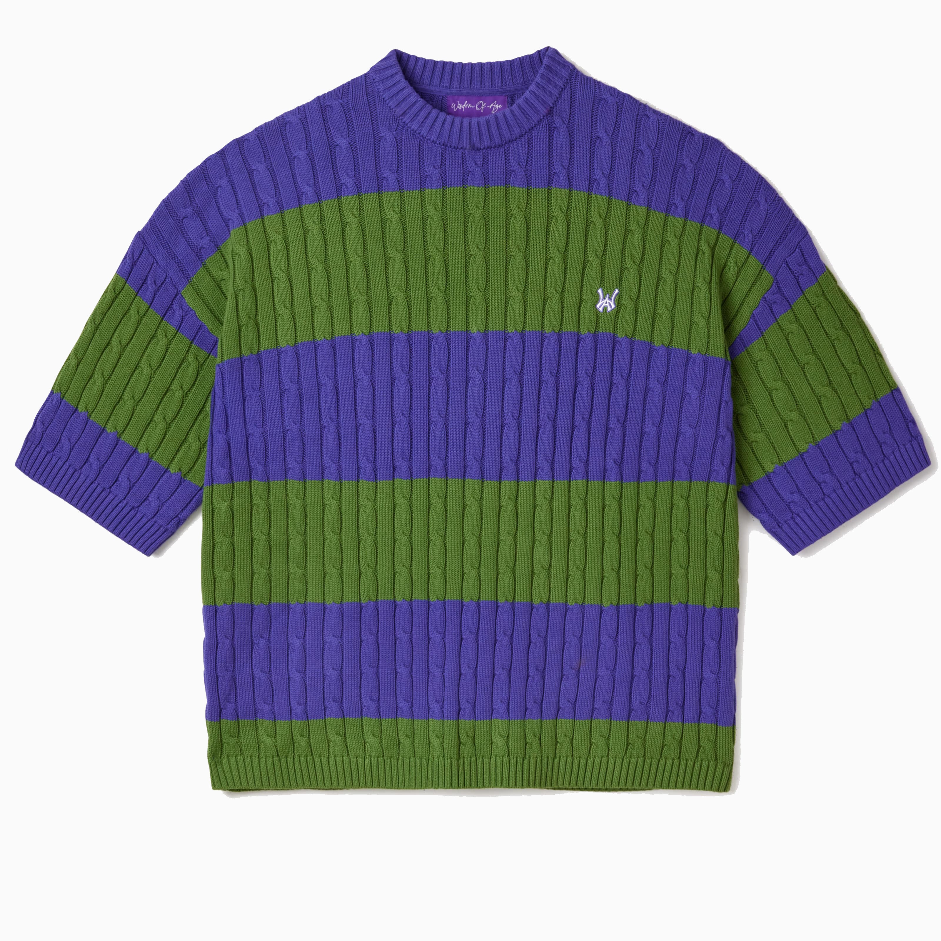 Green and purple striped cable knit t-shirt on a white background