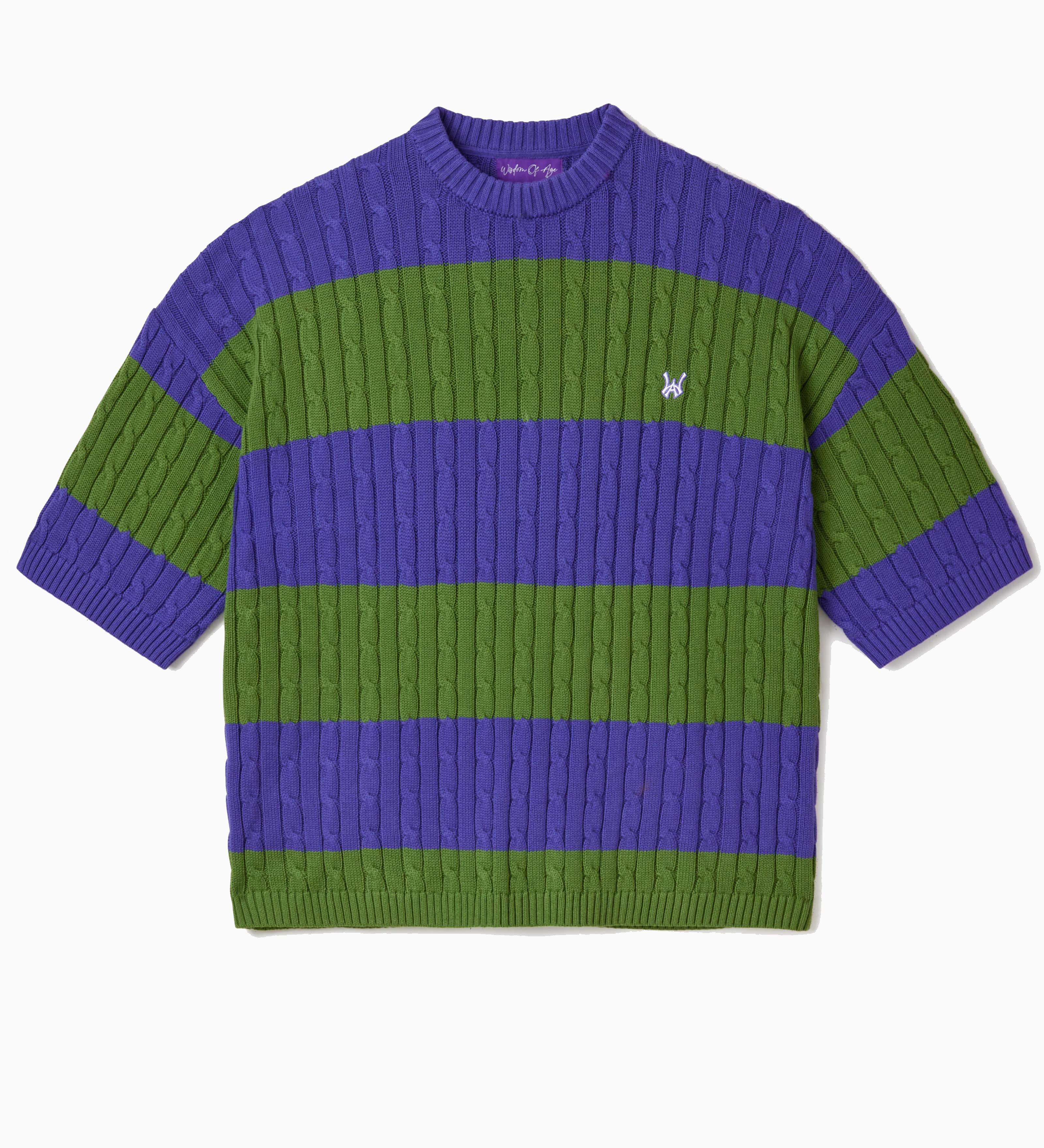 Green and purple striped cable knit t-shirt on a white background