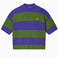 Green and purple striped cable knit t-shirt on a white background
