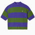 Green and purple striped cable knit t-shirt on a white background