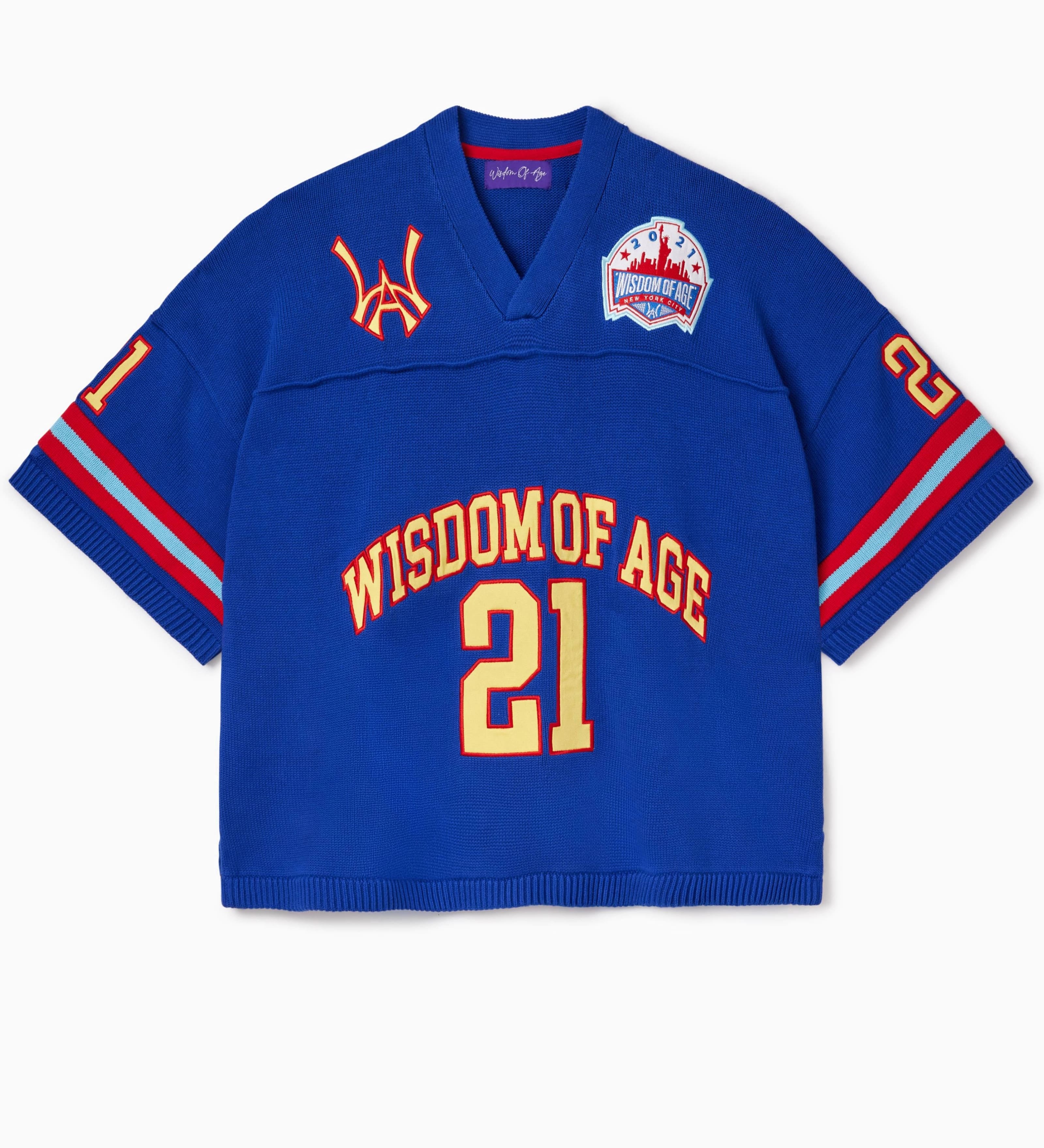 Front view of the Wisdom Of Age Knit Football Jersey in Giant Blue. Wisdom of age written in yellow with a red outline across the midsection with the number 21 in yellow with a red outline.
