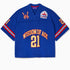 Front view of the Wisdom Of Age Knit Football Jersey in Giant Blue. Wisdom of age written in yellow with a red outline across the midsection with the number 21 in yellow with a red outline.