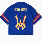 Rear view of the Wisdom Of Age Knit Football Jersey in Giant Blue