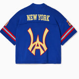 Rear view of the Wisdom Of Age Knit Football Jersey in Giant Blue