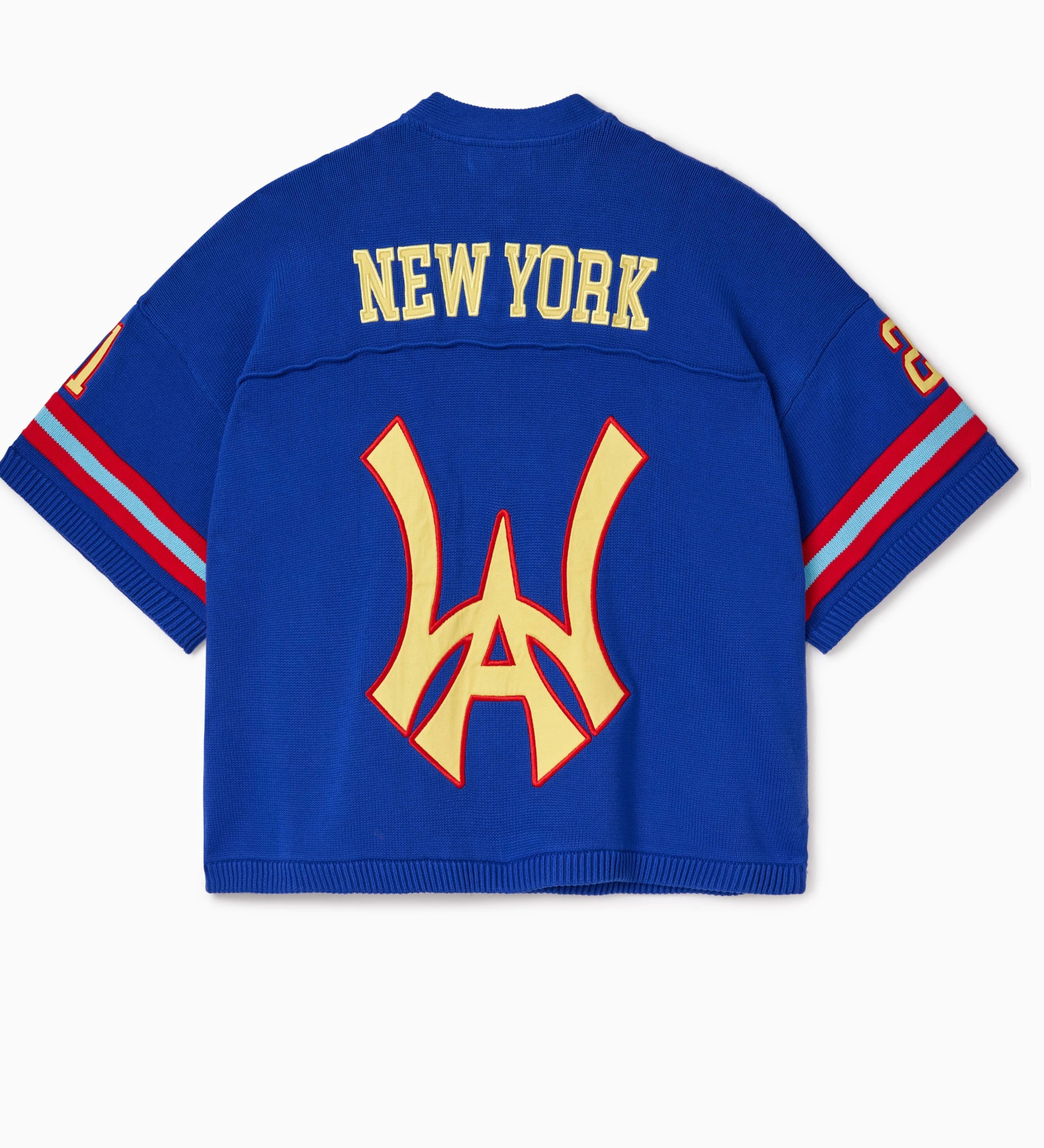 Rear view of the Wisdom Of Age Knit Football Jersey in Giant Blue