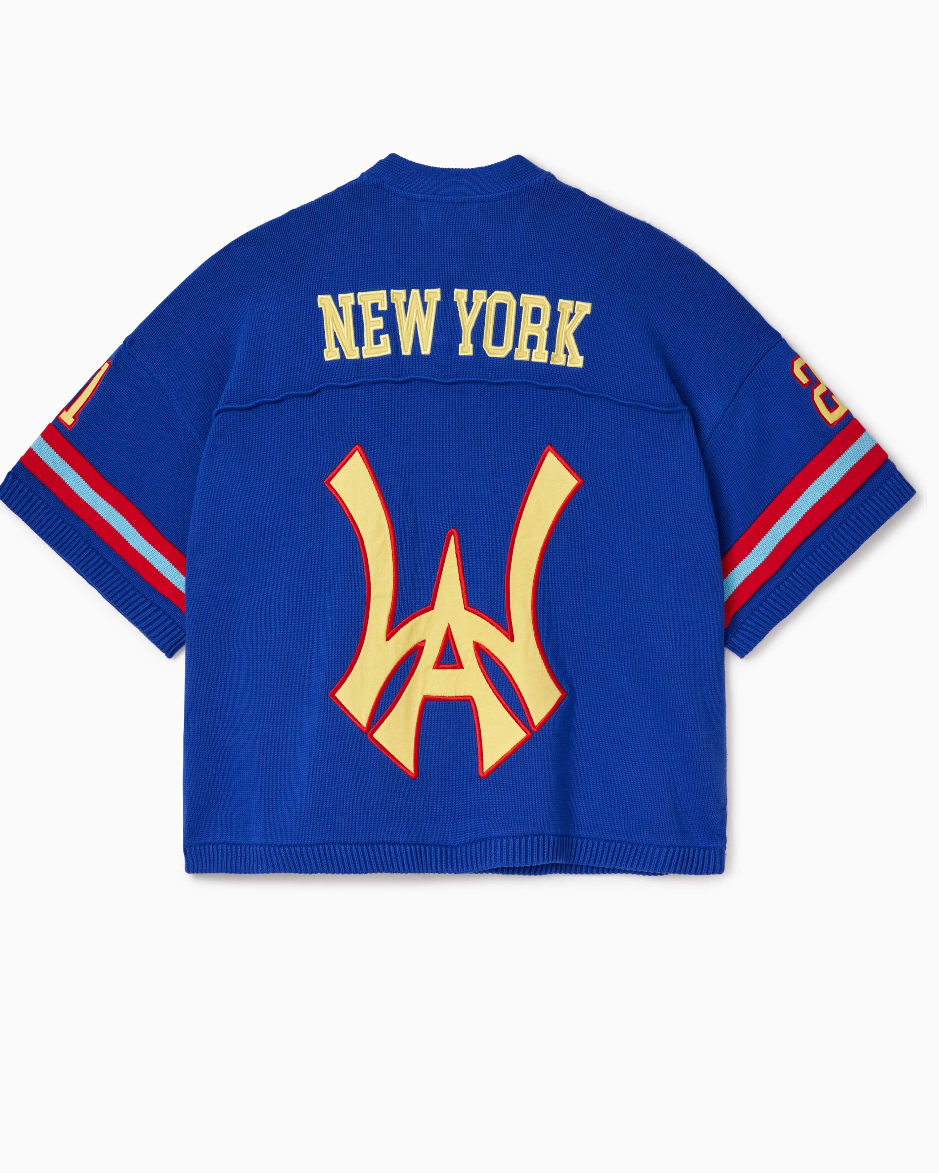 Rear view of the Wisdom Of Age Knit Football Jersey in Giant Blue