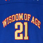 Close up of the front of the Wisdom Of Age Knit Football Jersey in Giant Blue