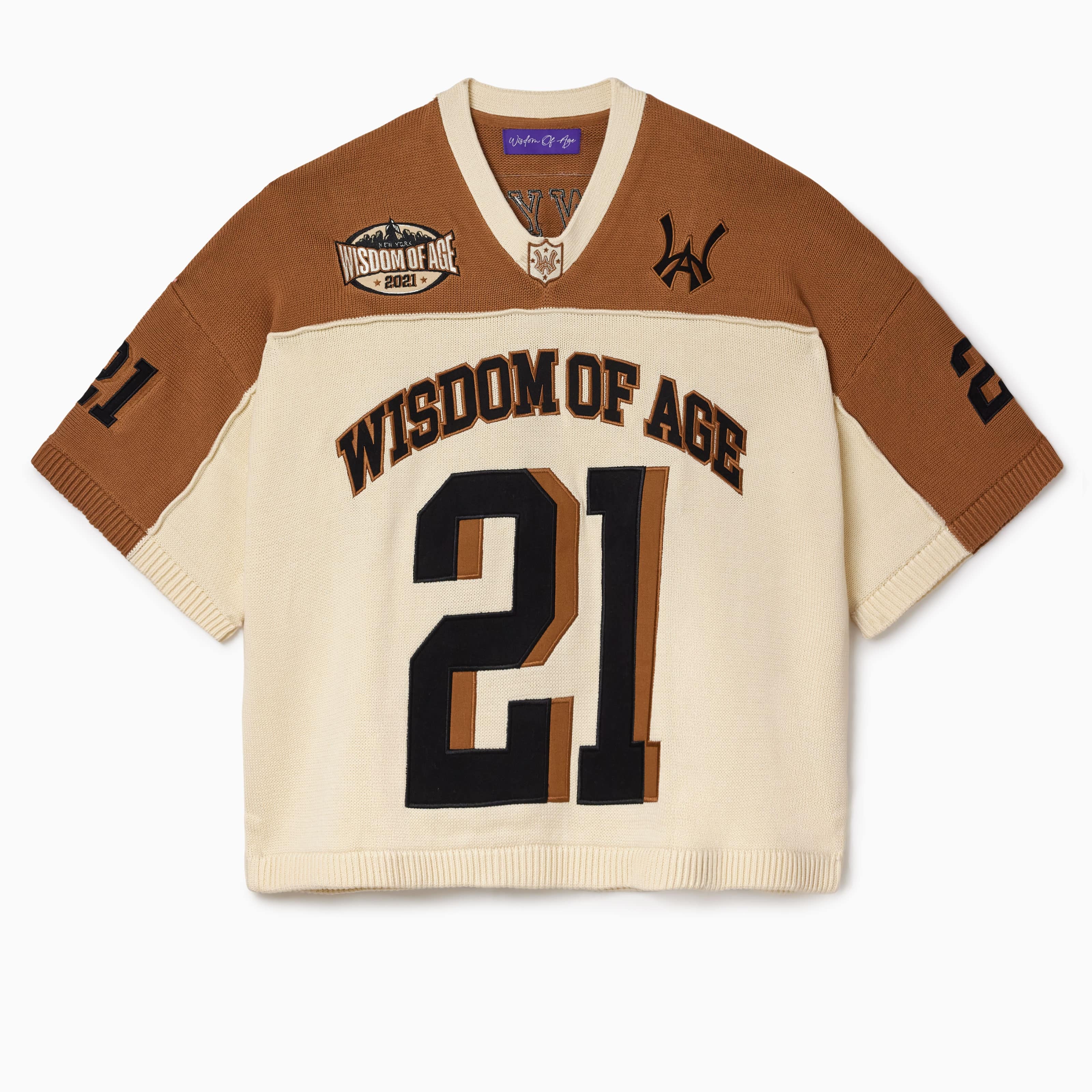 Wisdom Of Age Knit Football Jersey V2 in Sand with 'Wisdom of Age' and number '21' on a white background