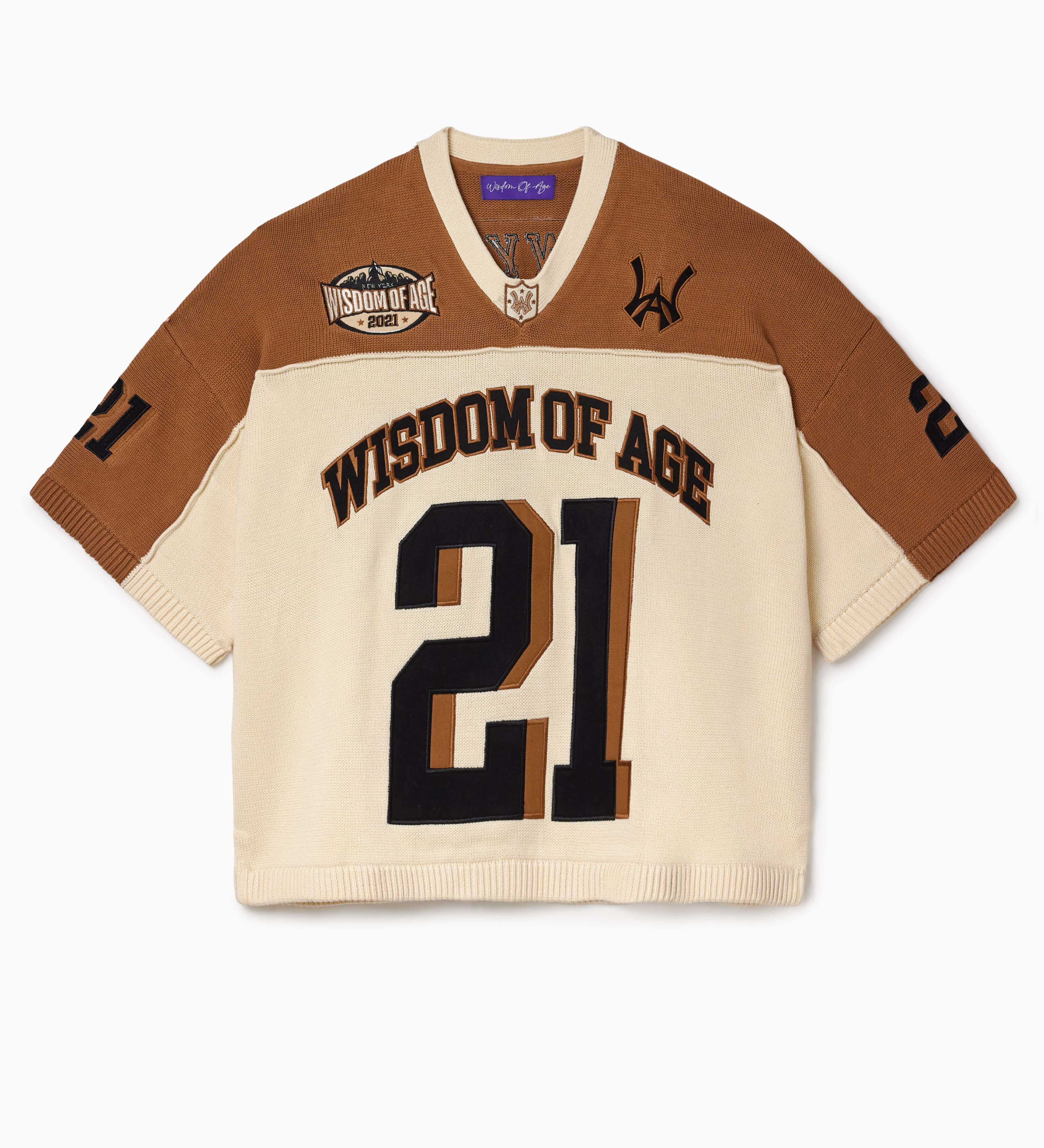 Wisdom Of Age Knit Football Jersey V2 in Sand with 'Wisdom of Age' and number '21' on a white background