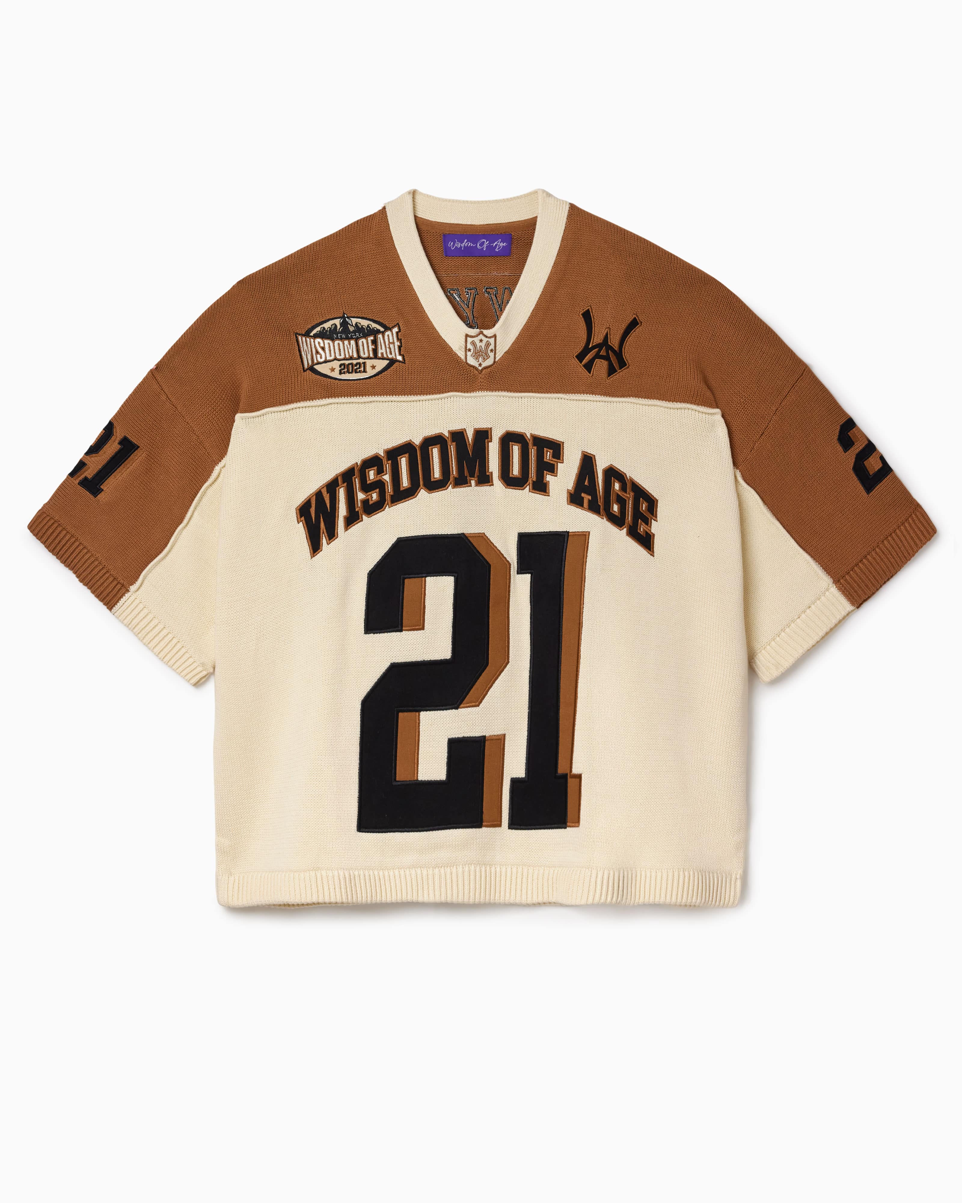 Wisdom Of Age Knit Football Jersey V2 in Sand with 'Wisdom of Age' and number '21' on a white background