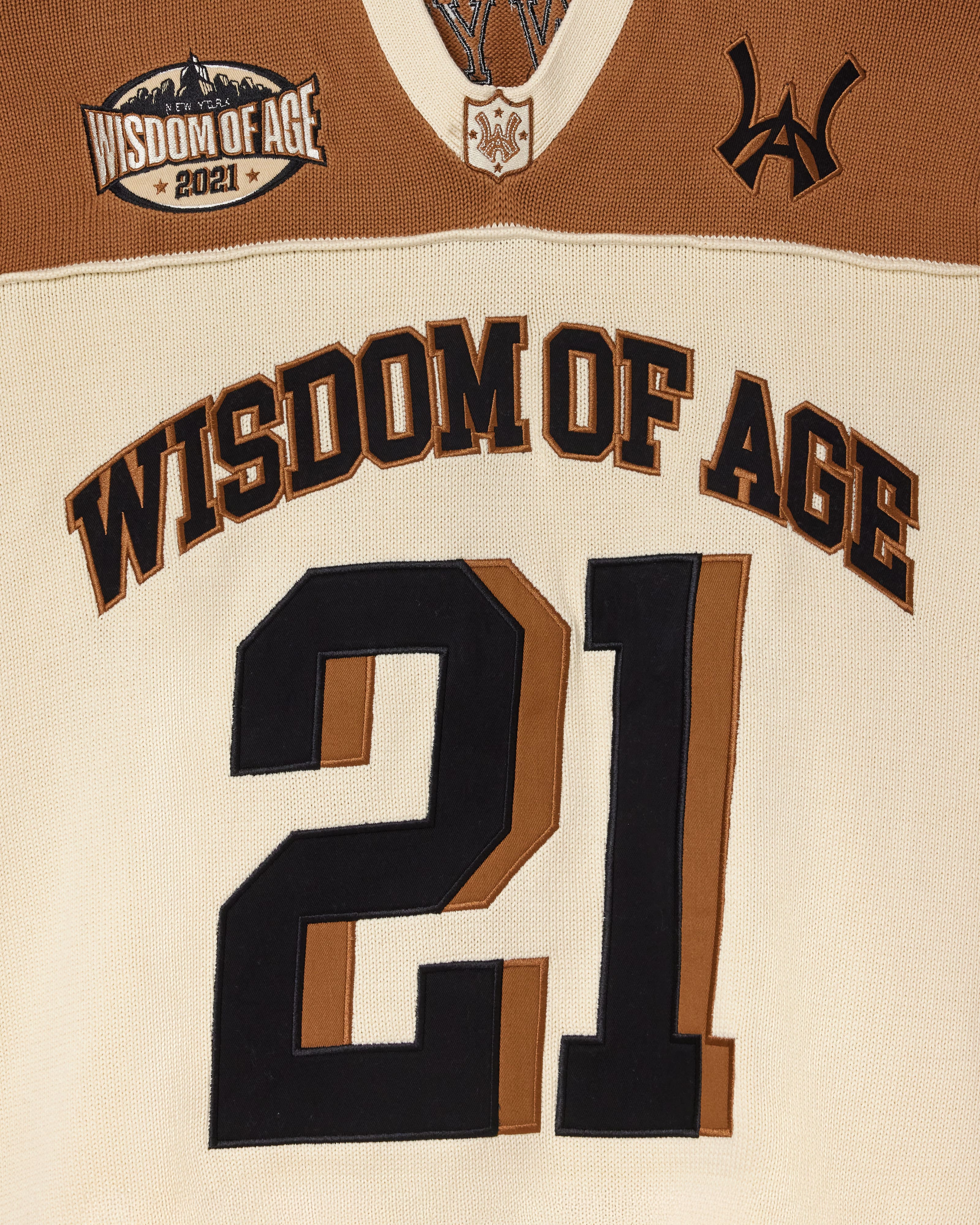 Wisdom Of Age Knit Football Jersey V2 in Sand with 'Wisdom of Age' and number '21' on a beige background