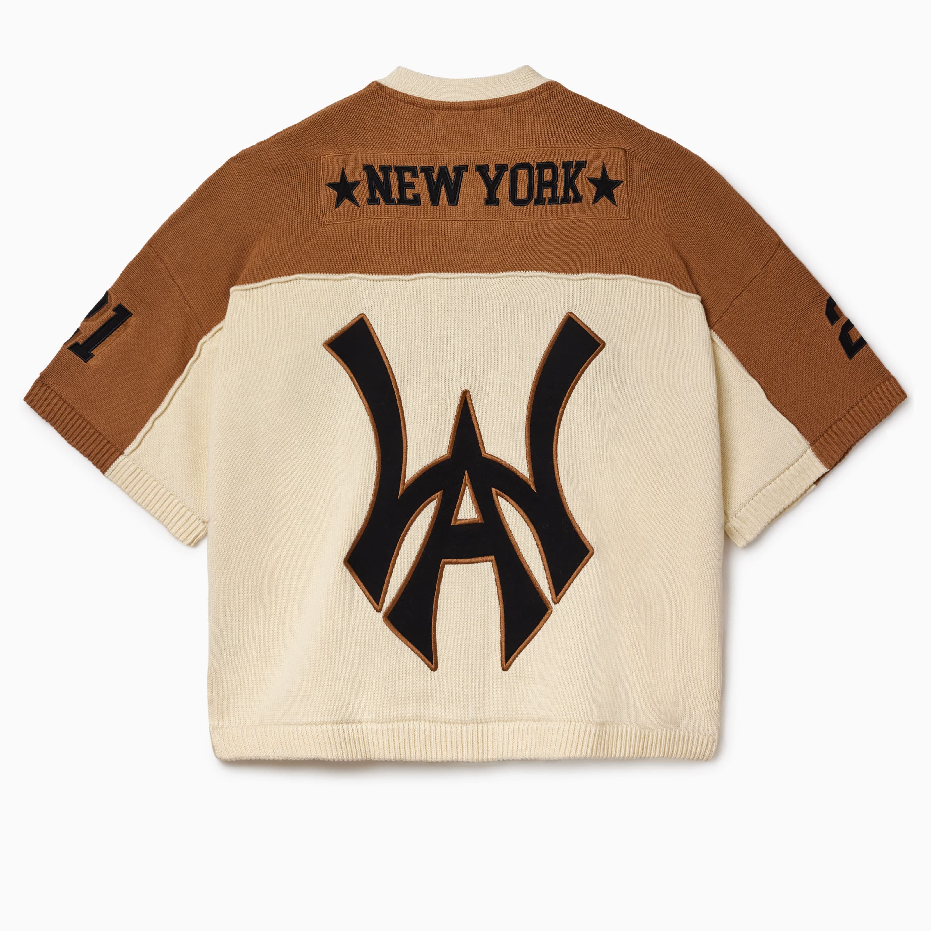 Back view of the Wisdom Of Age Knit Football jersey with 'New York'on the nameplate and the WA logo on a white background