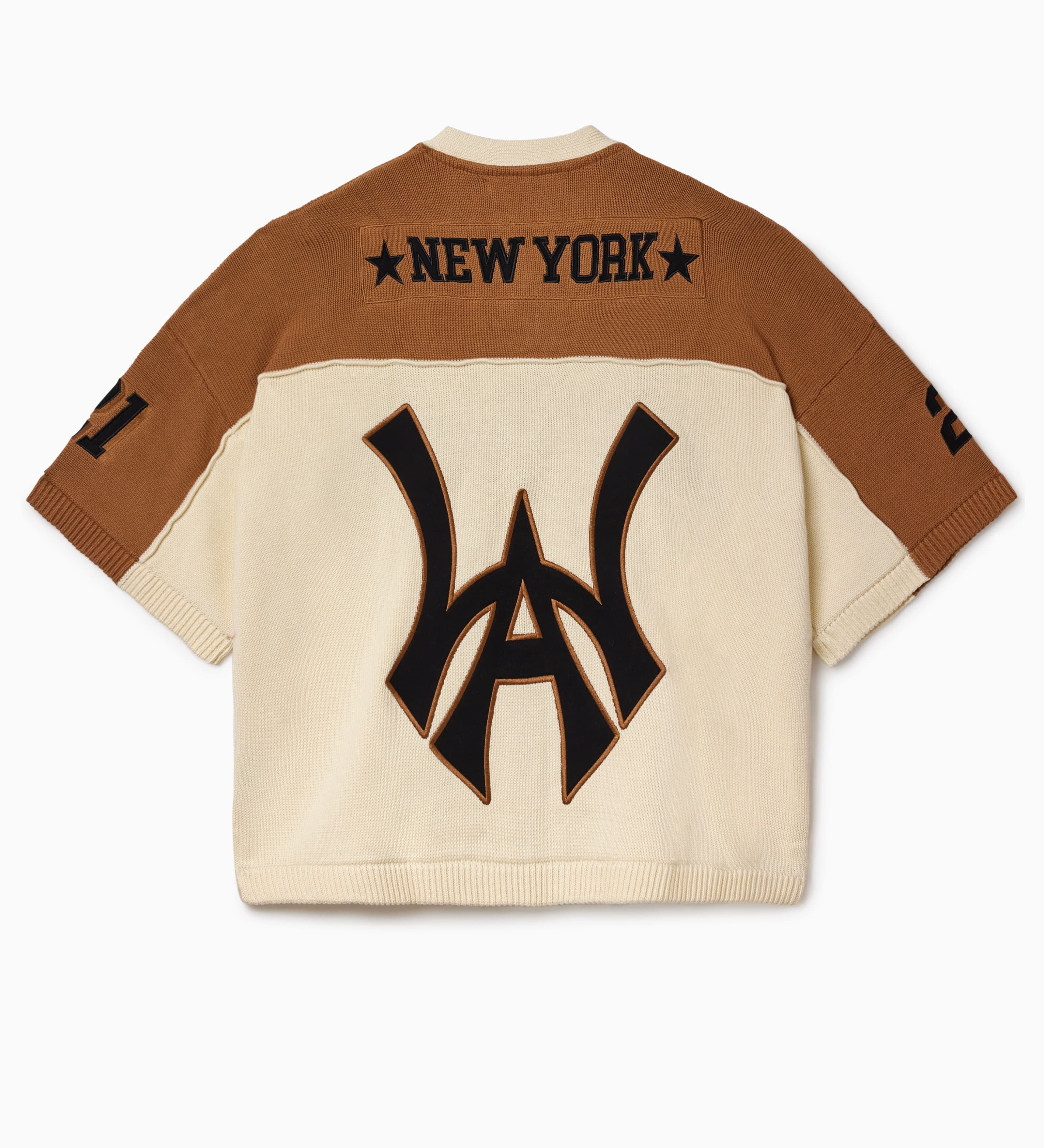 Back view of the Wisdom Of Age Knit Football jersey with 'New York'on the nameplate and the WA logo on a white background