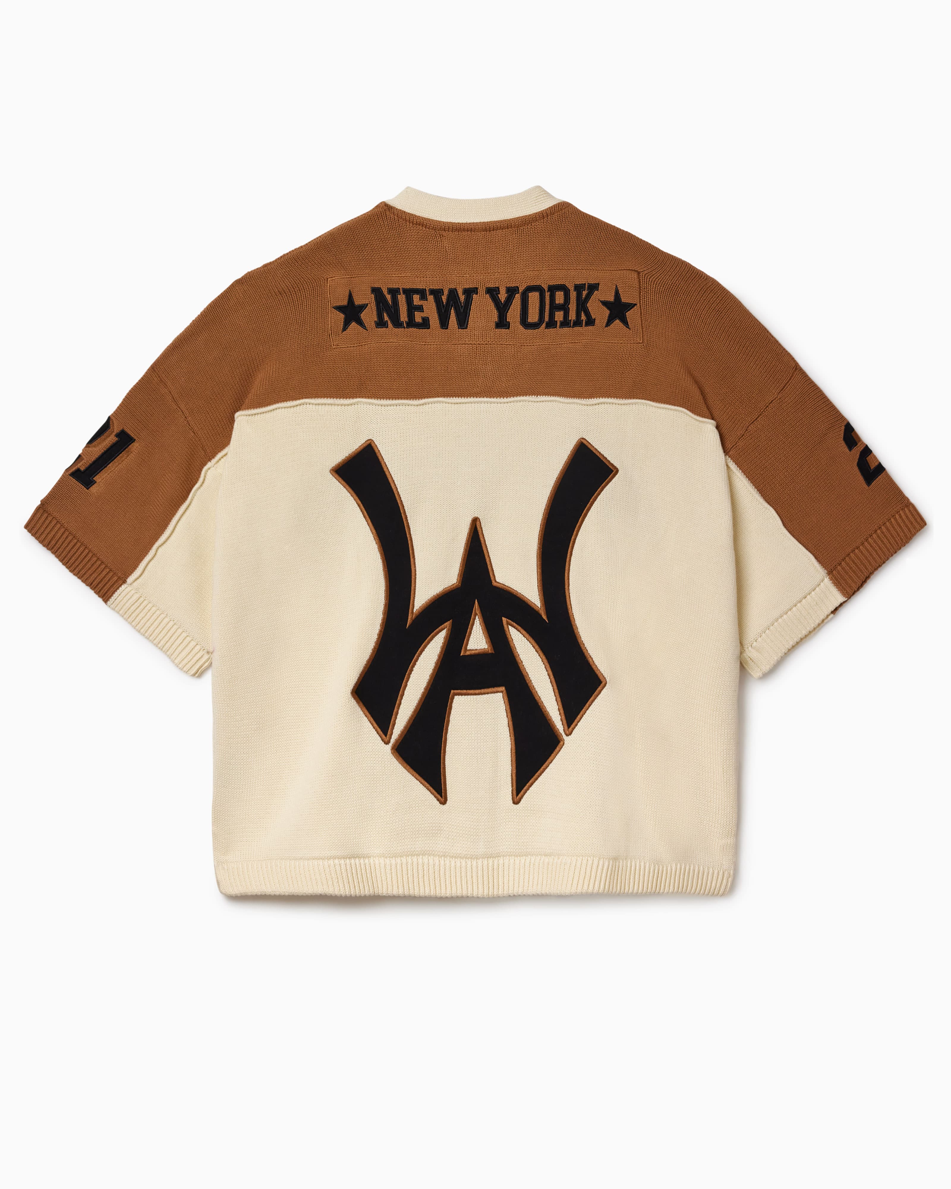 Back view of the Wisdom Of Age Knit Football jersey with 'New York'on the nameplate and the WA logo on a white background