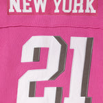 Pink knitted football jersey with 'New York' and number '21'