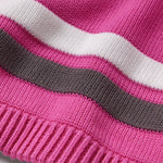 Close-up of a pink knitted football jersey with white and gray stripes on a white background
