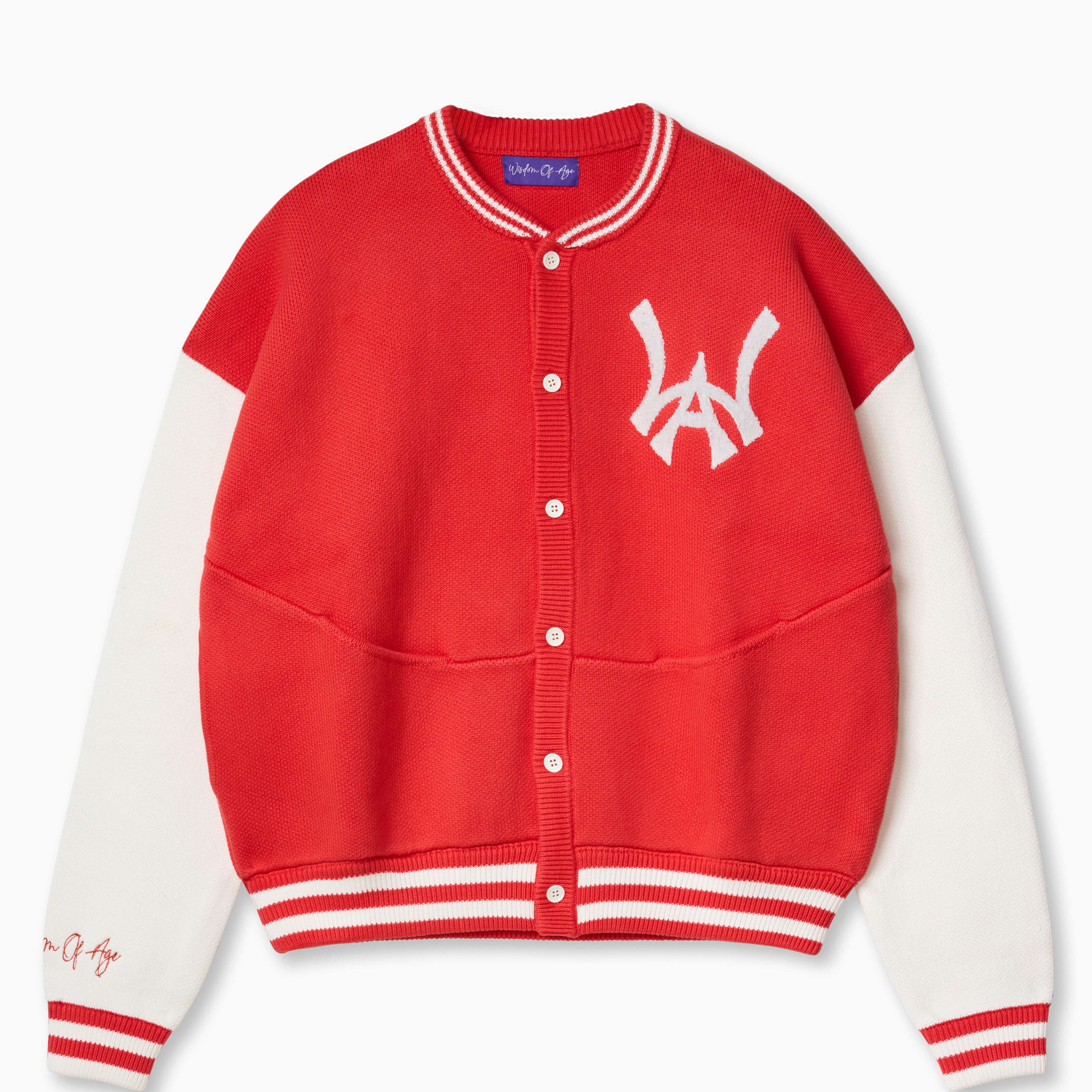 Wisdom of Age University Cardigan. Color wave of Varsity Red and varsity design, with WA logo on the left chest and the brand name  “Wisdom of Age” written in script cursive on the right sleeve. Featuring a 5 button placket with dual side seam slip-in pockets.