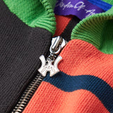 Close Up Of The Wisdom Of Age Knit Clinton Hoodie Multi-Color Zipper Front View. WA logo on the zipper with a chrome finish.