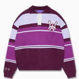 Wisdom of Age Purple Striped Rugby Sweater, purple swatches of berry, wine, and lilac with WOA symbol on the top left side of the chest