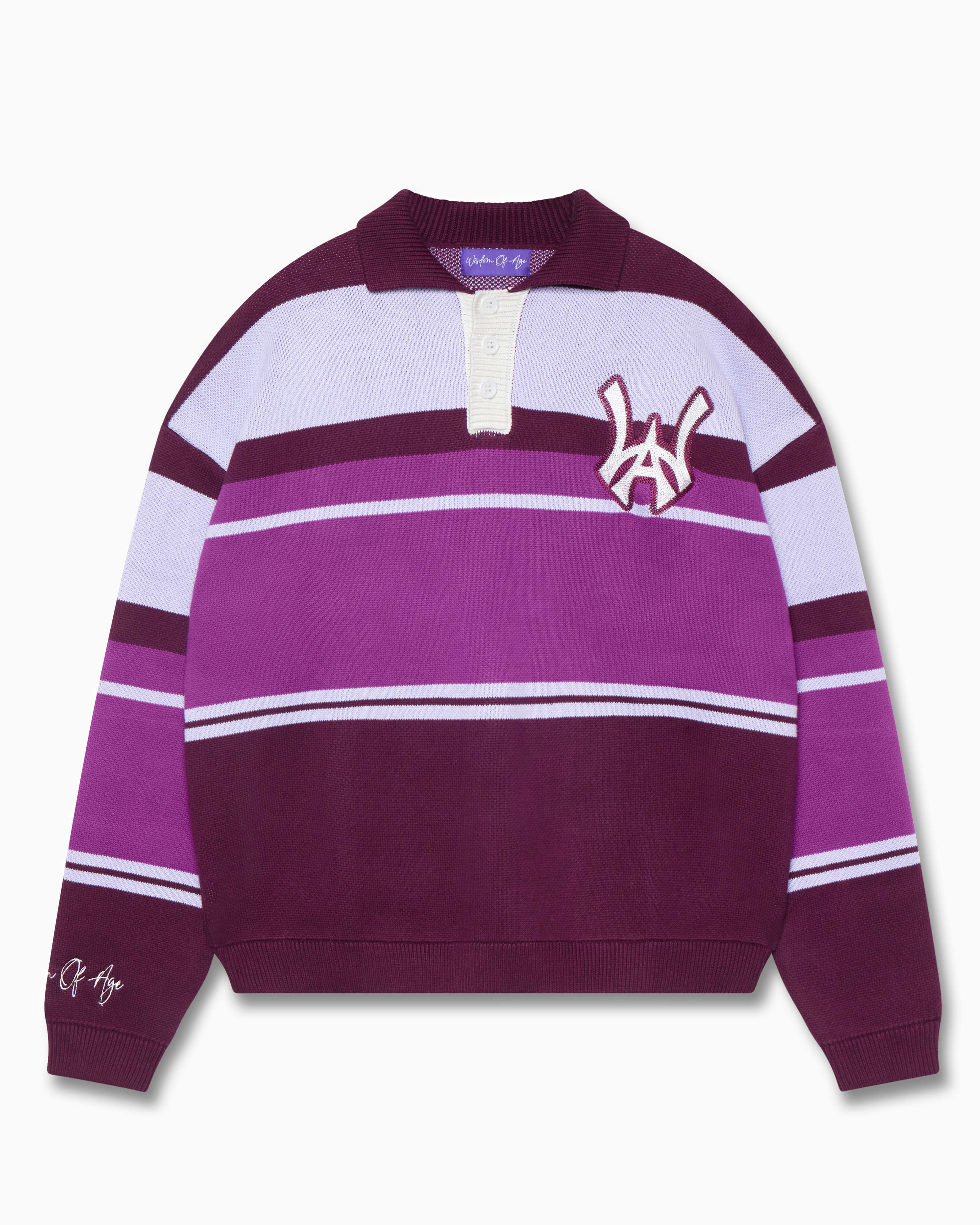 Wisdom of Age Purple Striped Rugby Sweater, purple swatches of berry, wine, and lilac with WOA symbol on the top left side of the chest