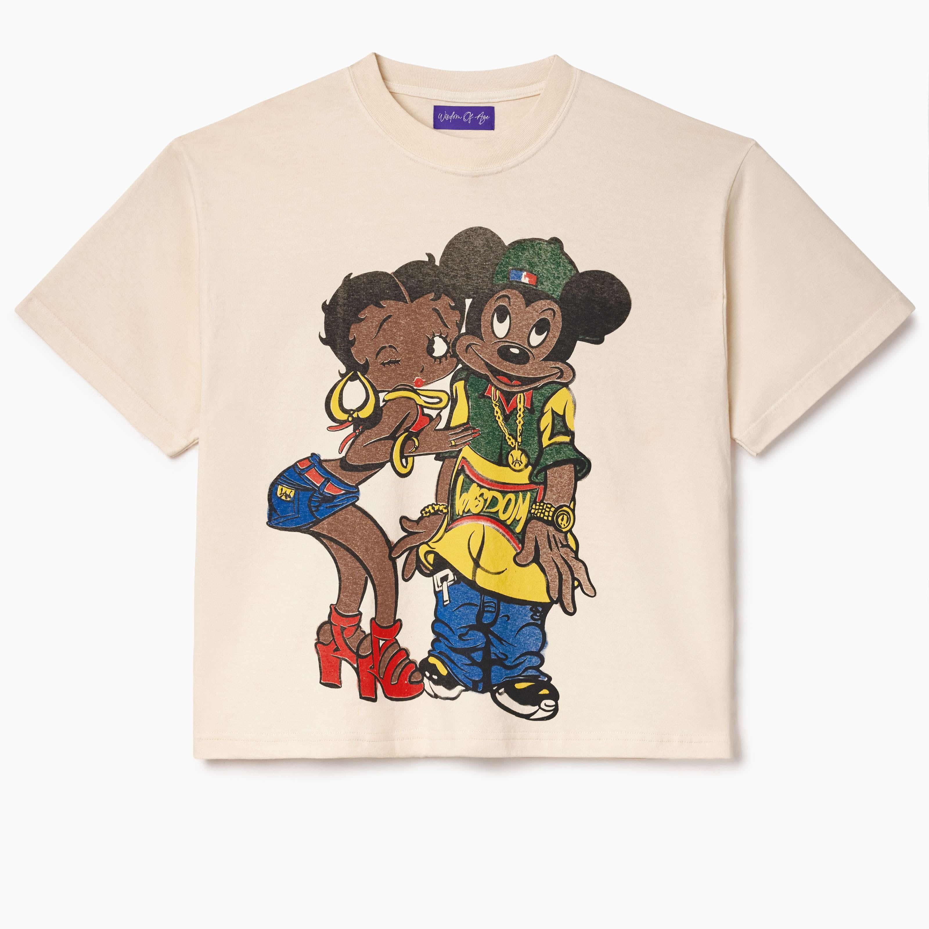 Beige t-shirt with cartoon characters on a white background