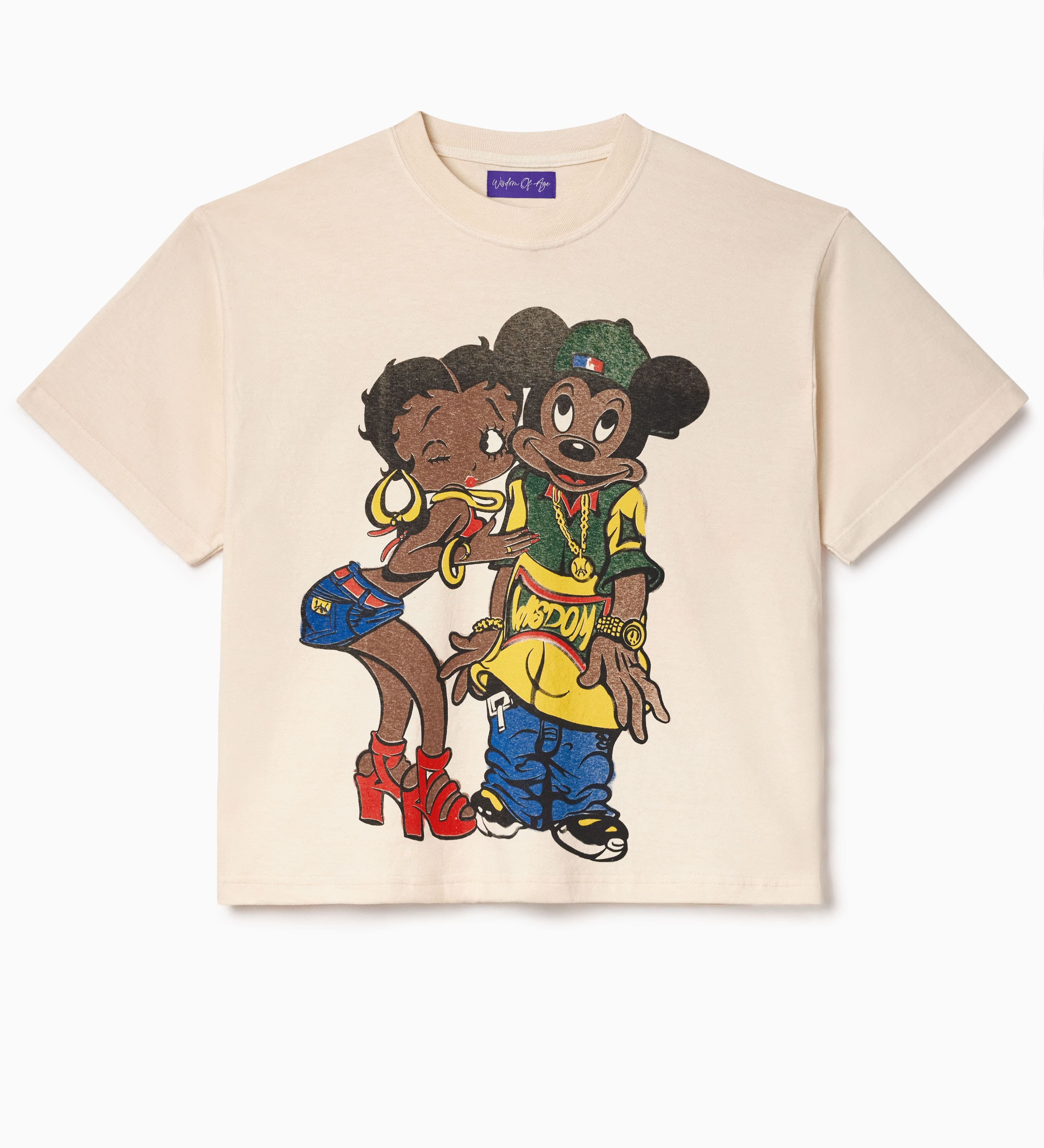 Beige t-shirt with cartoon characters on a white background